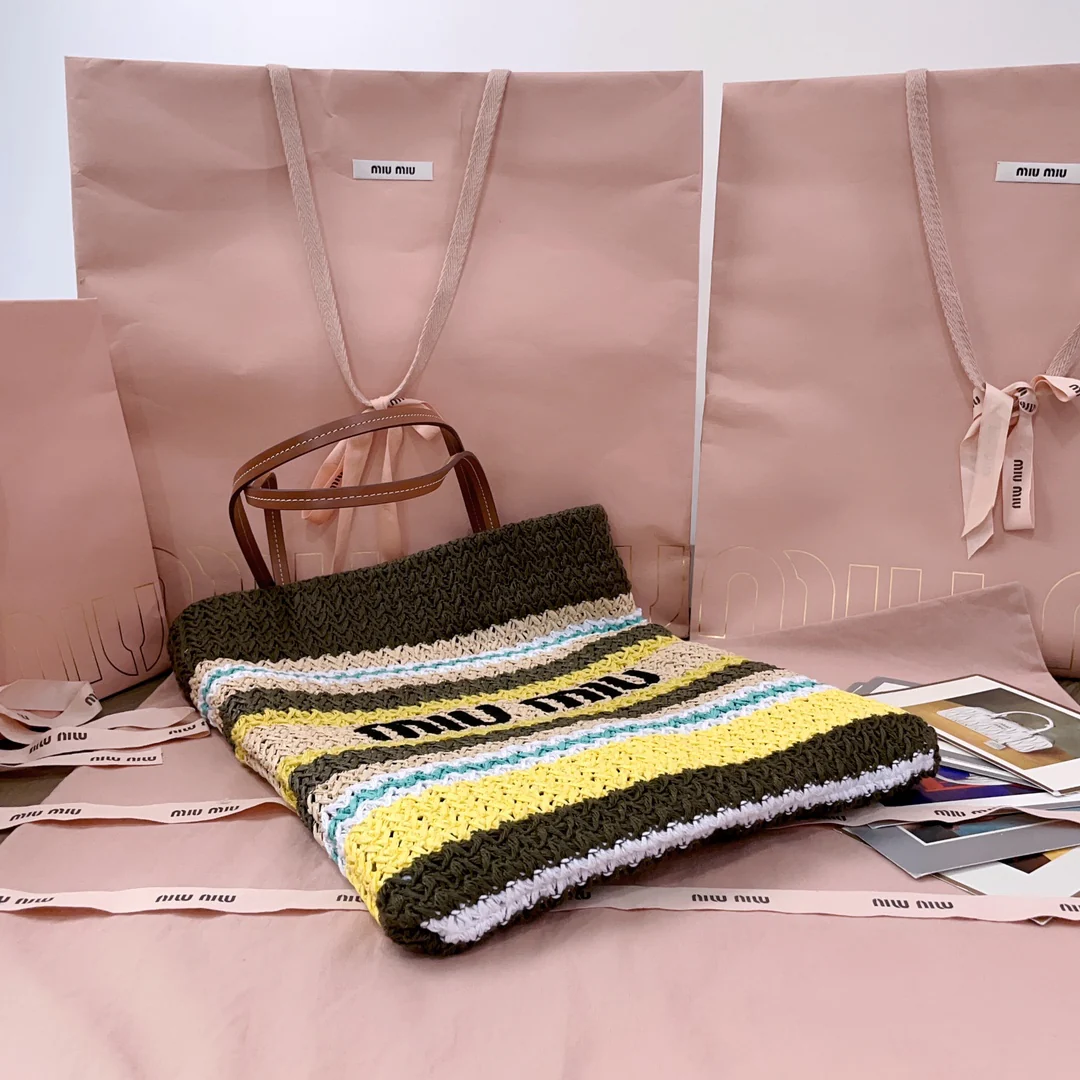Miu Miu-5bg248 - Вязаная сумка-шоппер из рафии и хлопковой пряжи, маленькая
