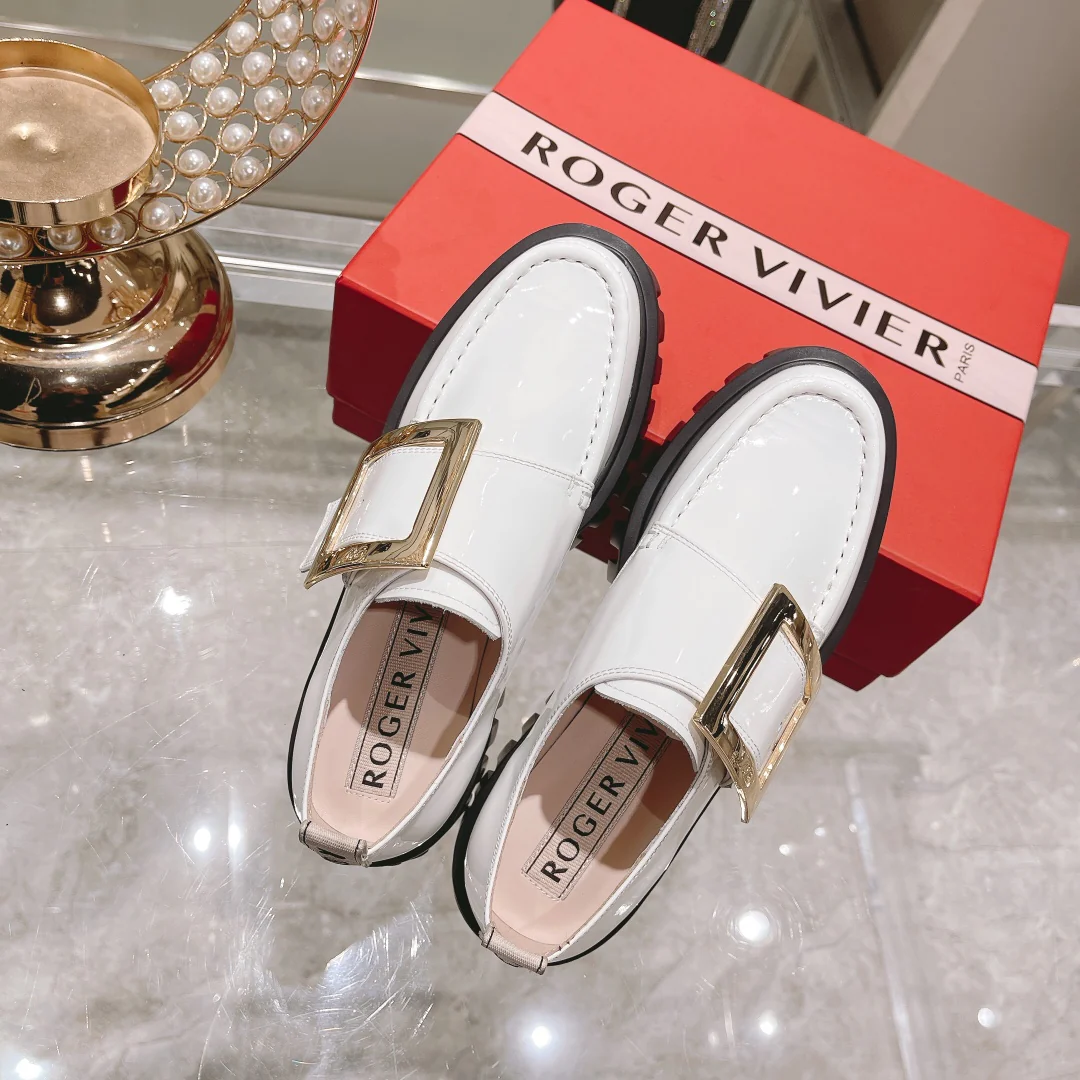 Лоферы RV-Square с квадратной пряжкой, лакированная кожа, белые с черной подошвой, 1 шт.