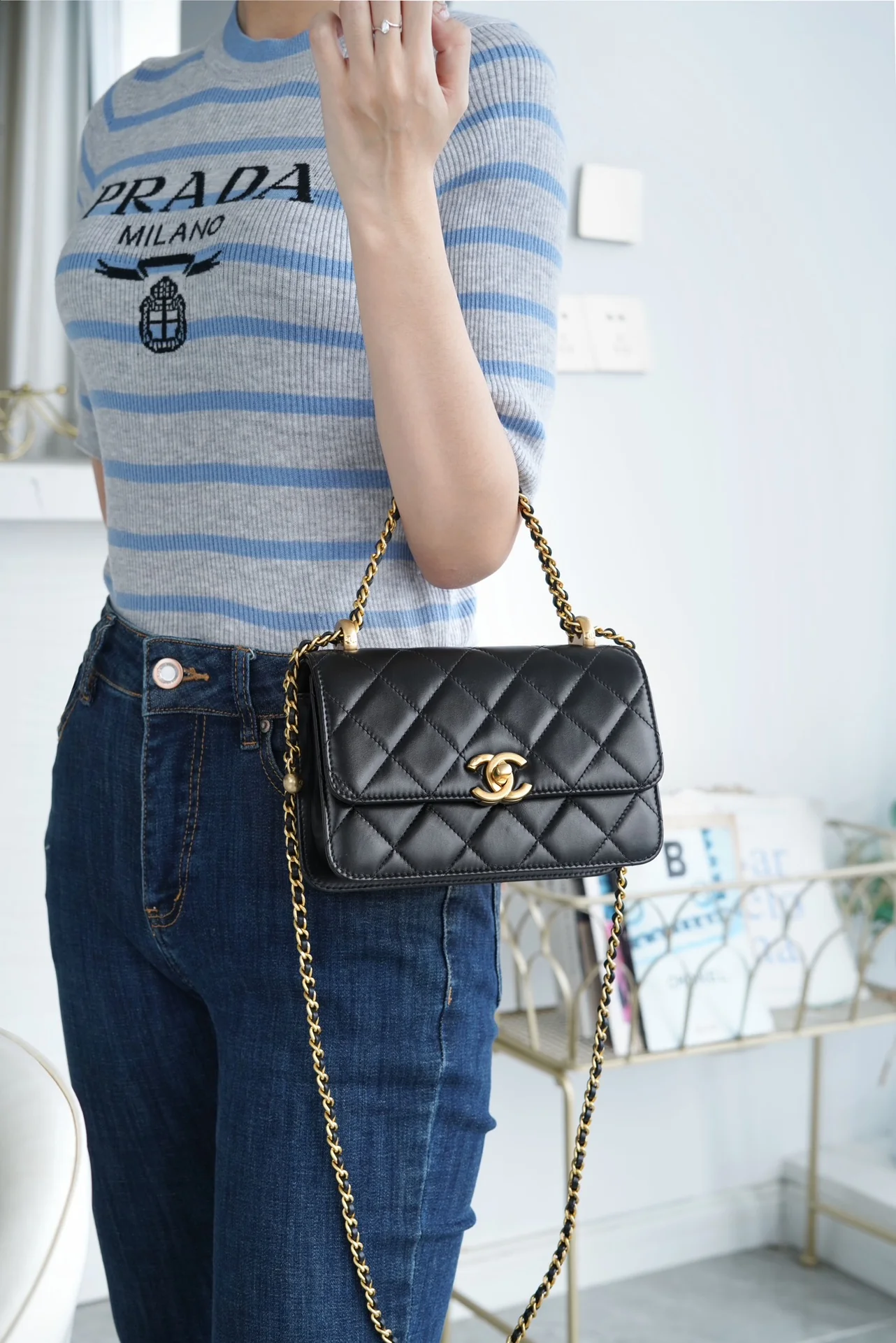 Chanel 24c Double Gold Ball CF Mini 19 Black