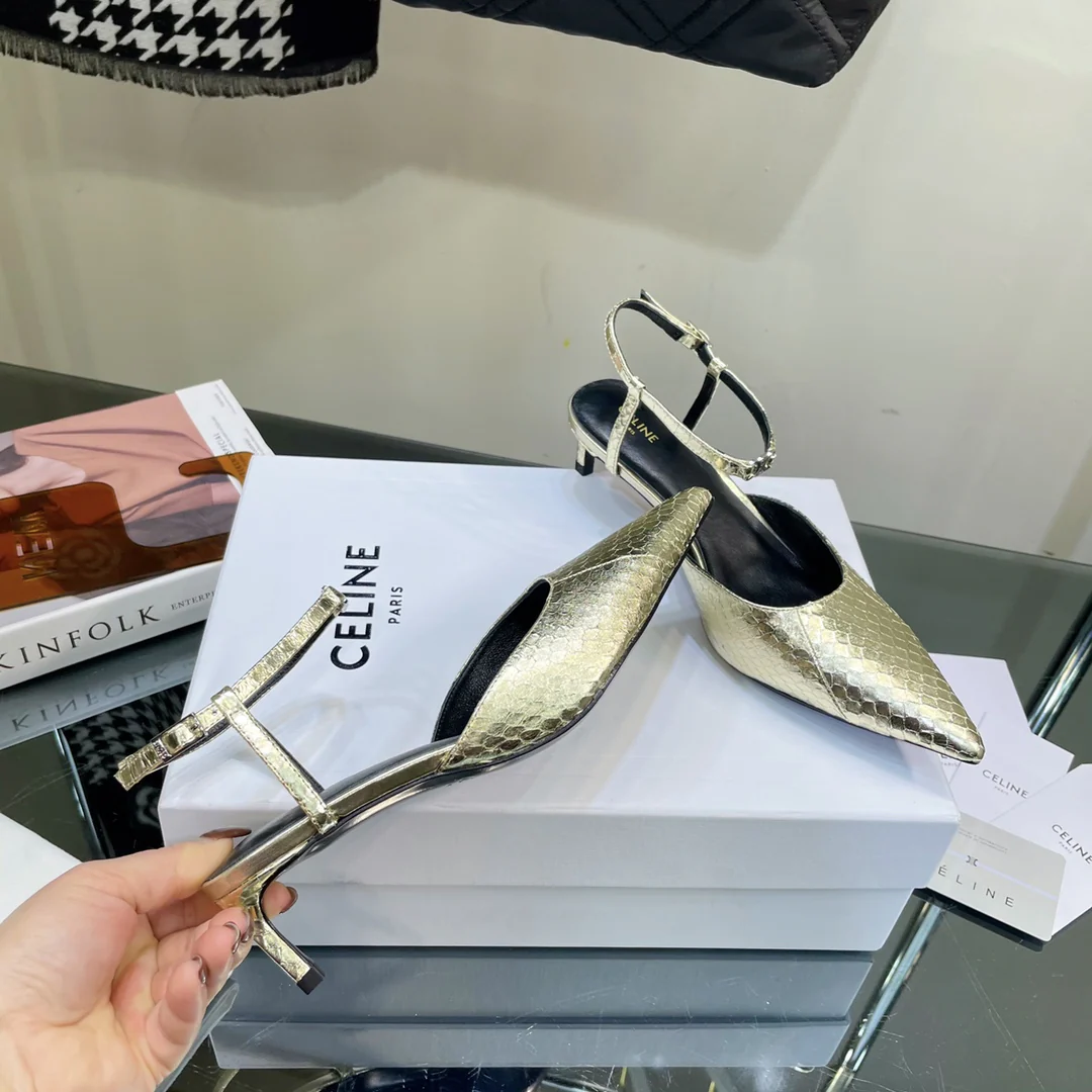 Новинка сезона весна/лето 2023 от Celine — сандалии на низком каблуке с острым носком.