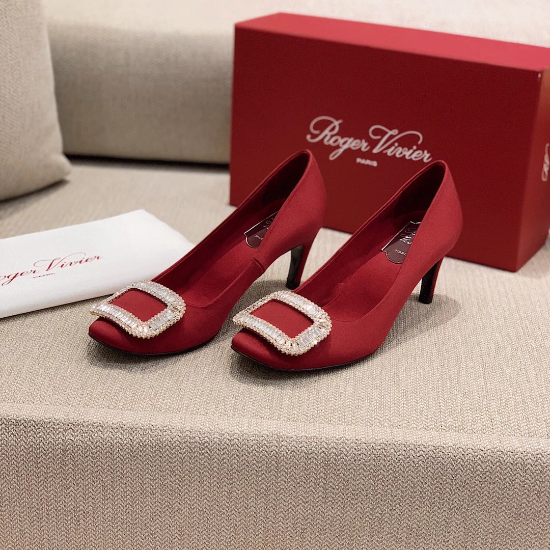 Туфли на банановом каблуке RV-7-5 см - Шелковая пряжка со стразами - Красные
