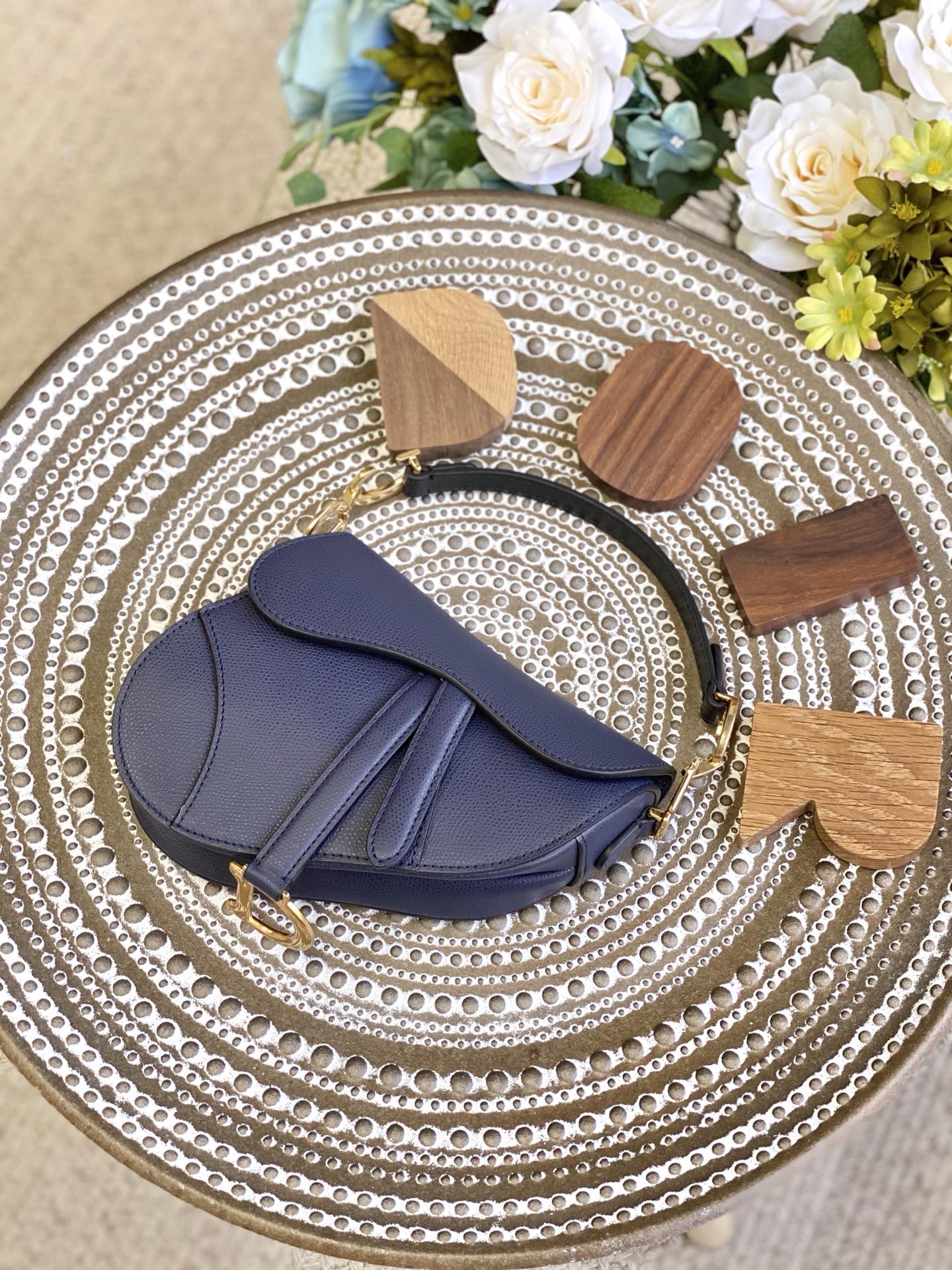 Сумка Dior Saddle Bag - с принтом пальм - маленькая, темно-синяя - 19 см