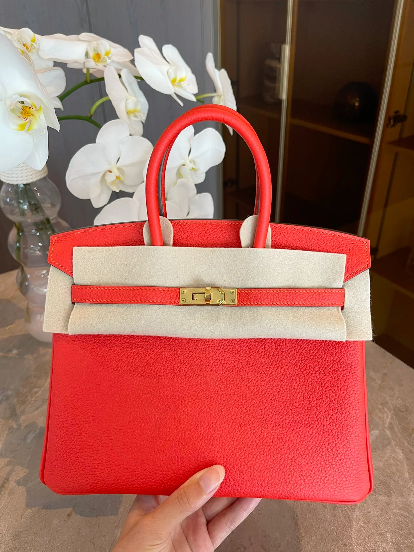 Сумка Hermes Birkin 25 Togo 9T огненно-красного цвета с золотой пряжкой.