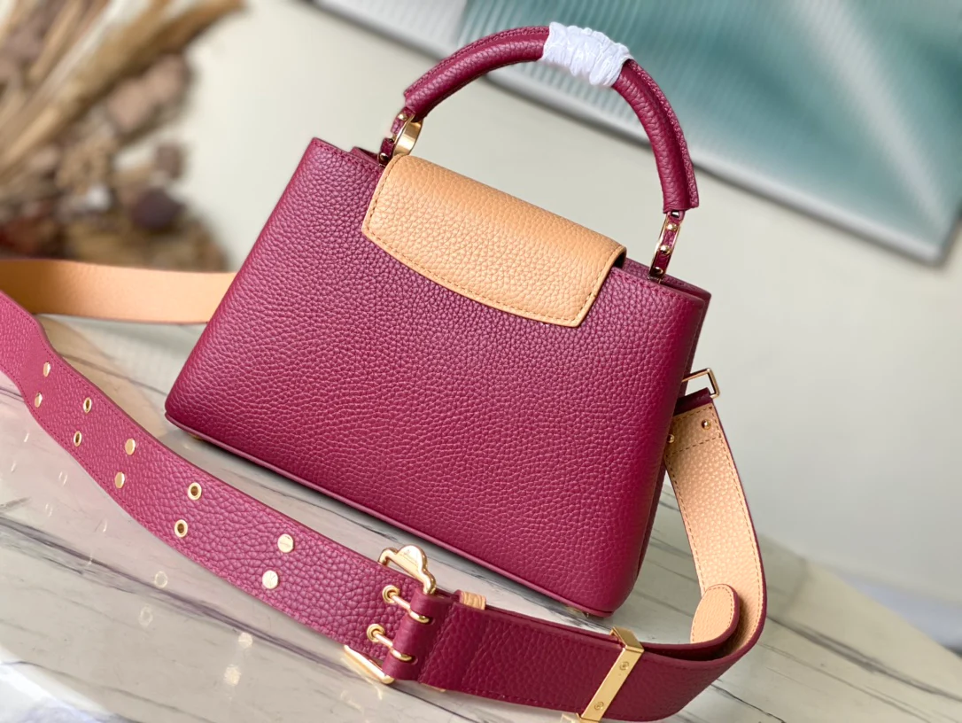 m22677-LV-Capucines сумка-бордовая с коричневыми заклепками, средний размер