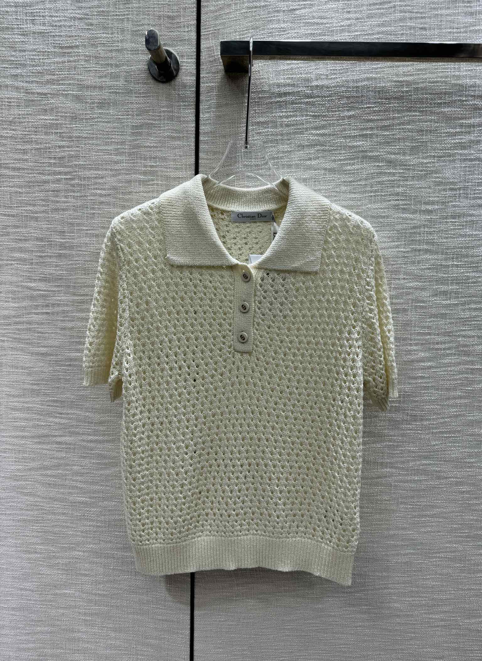 Dior 2403 - Ажурный вязаный свитер без воротника с короткими рукавами - Абрикосовый