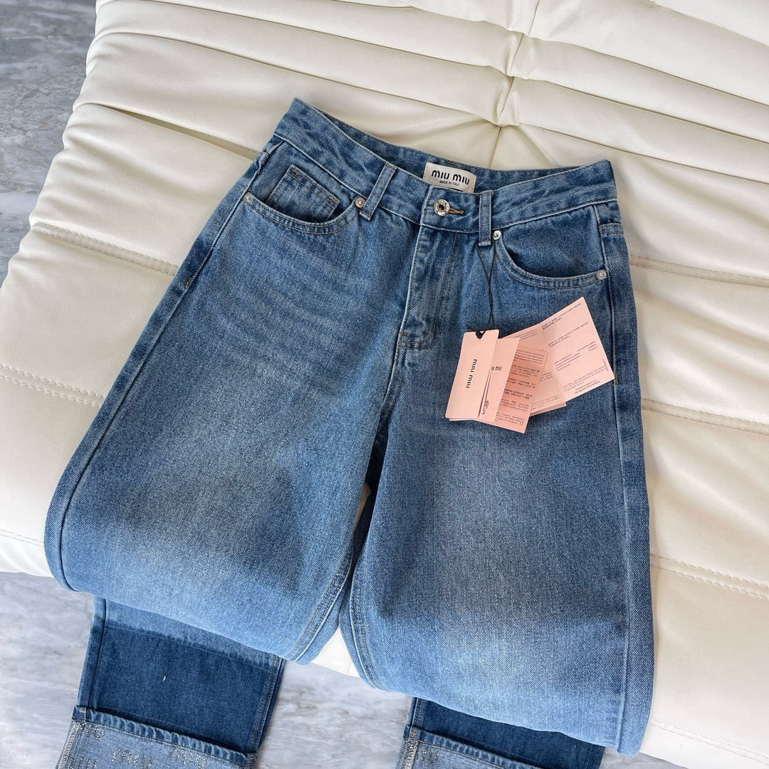 Miu Miu-2404 - Джинсы с отделкой стразами по низу