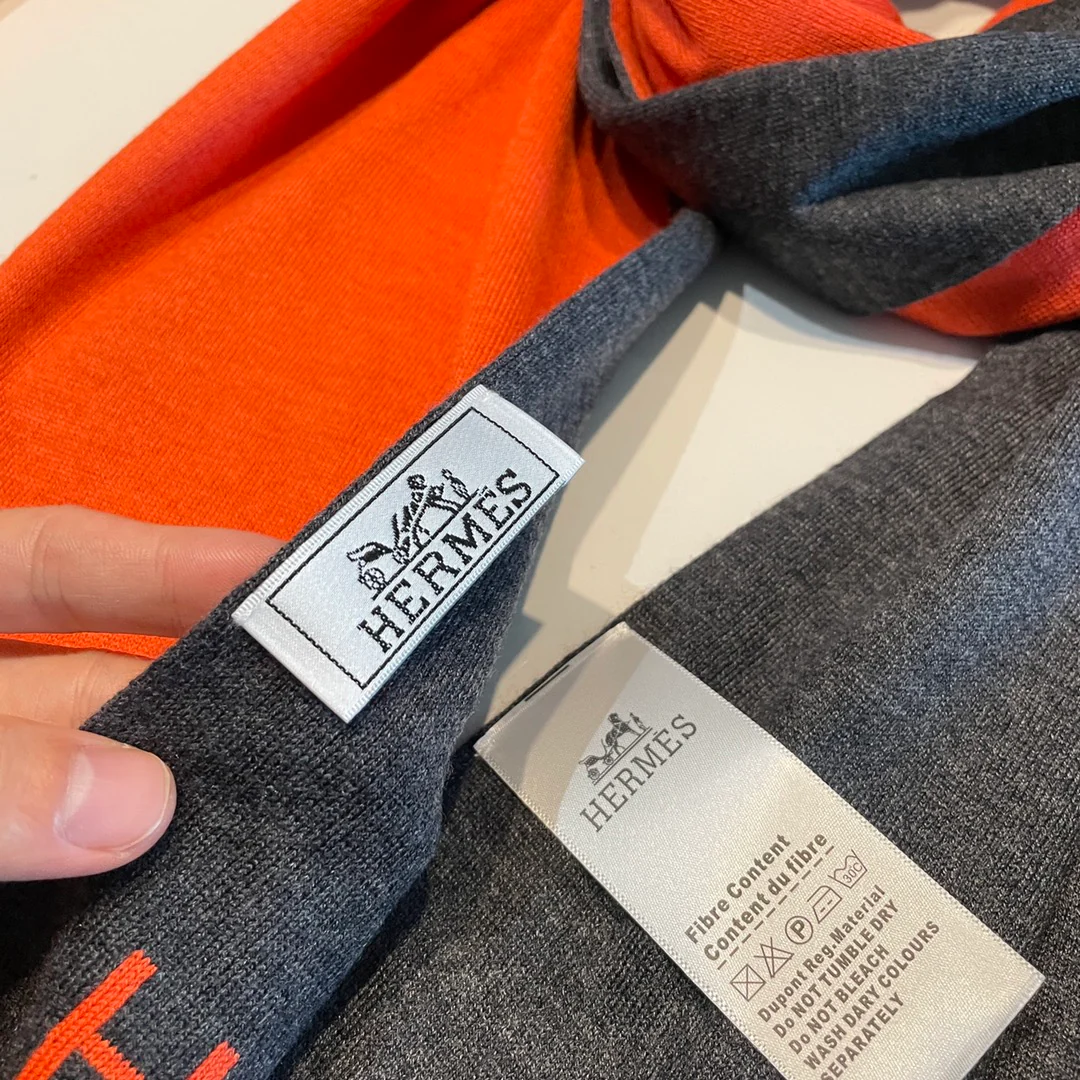 Вязаный кашемировый двусторонний шарф Hermes - 32 см - 180 см - оранжево-серый