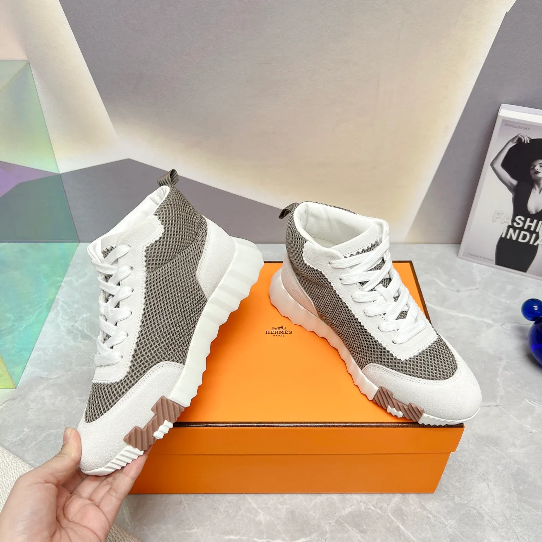 Новинка сезона весна/лето 2023 от Hermes - Дышащие сетчатые высокие повседневные кроссовки - Унисекс - Белый/Серый