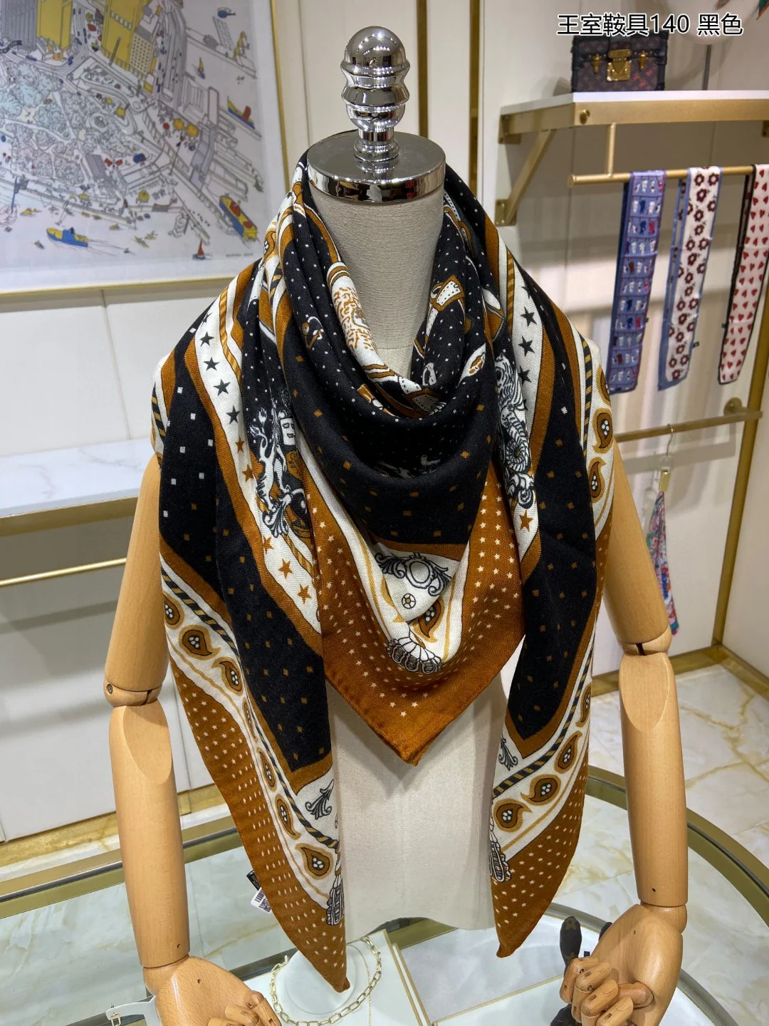 Королевский седельный шарф Hermes - 140 см - 70% кашемир - 30% шелк