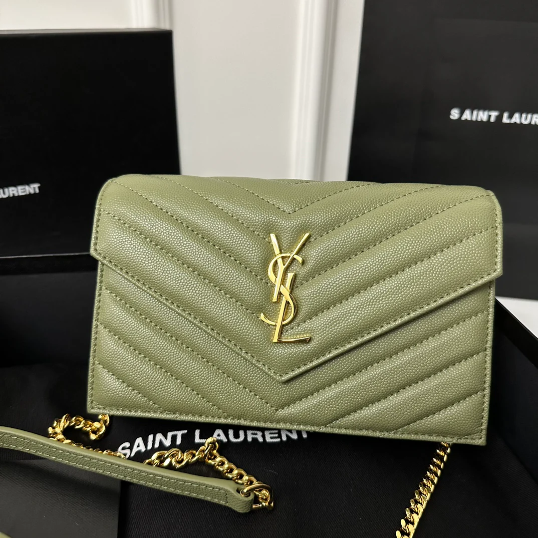 YSL монограмма Caviar WOC - золотая пряжка цвета авокадо - 22 см