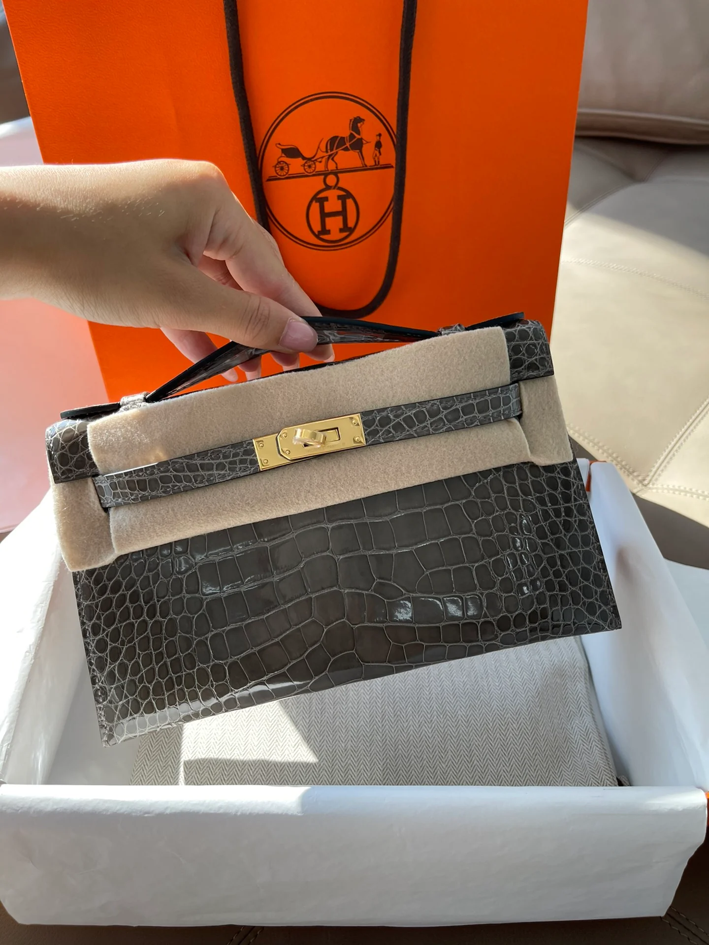 Мини-сумка Hermes Kelly 1-го поколения - серо-голубиный цвет - золотая пряжка