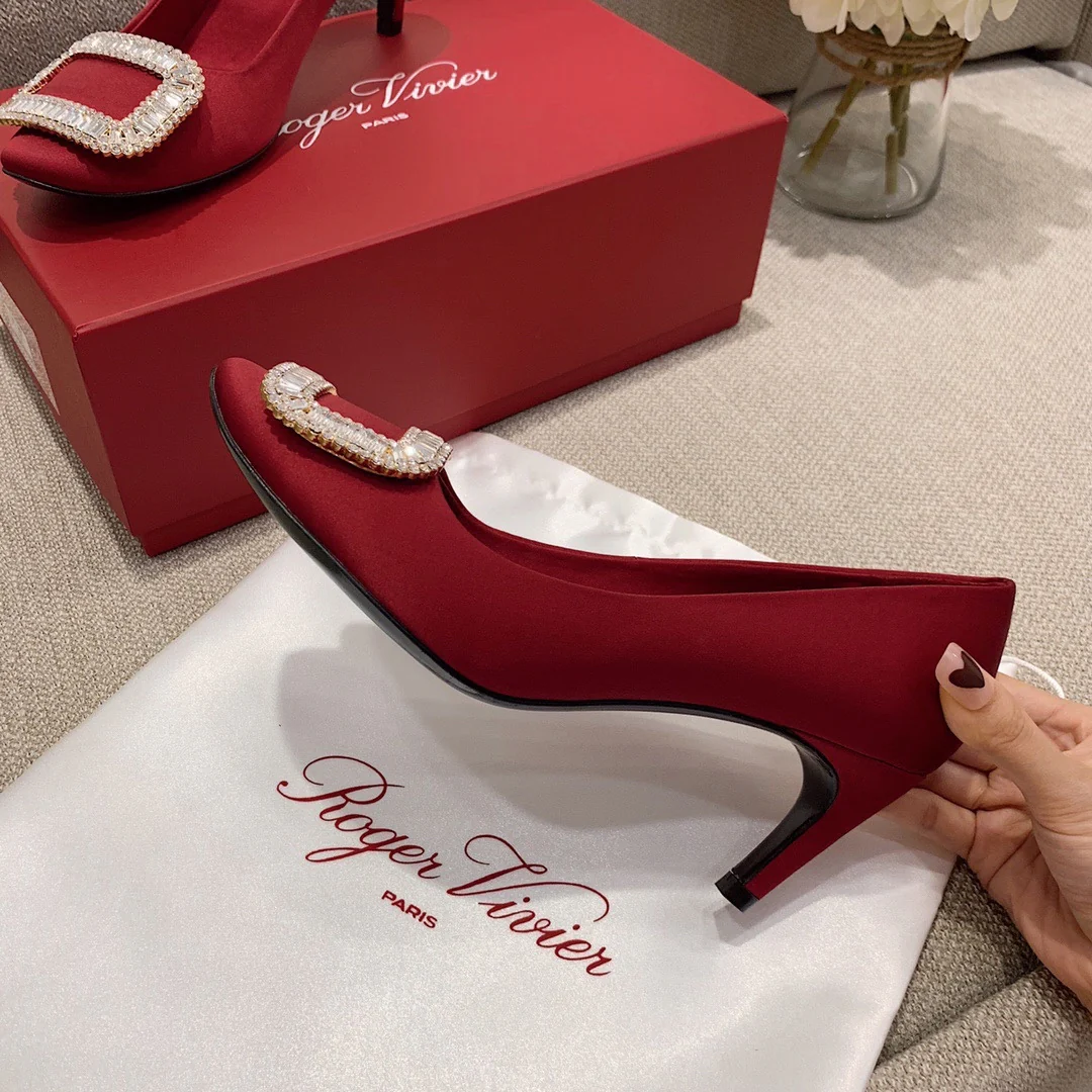 Туфли на банановом каблуке RV-7-5 см - Шелковая пряжка со стразами - Красные