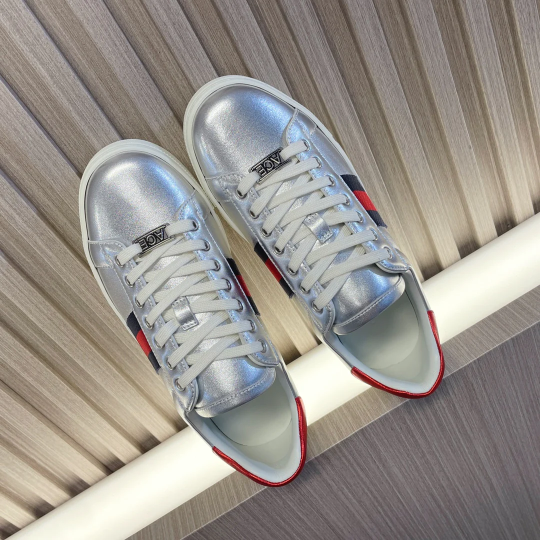 Классические кожаные кроссовки Gucci на плоской подошве - унисекс - серебристые