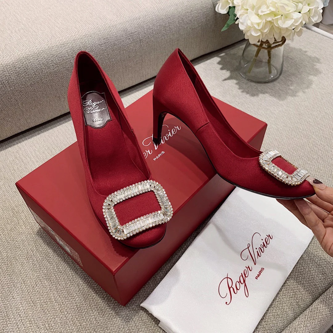 Туфли на банановом каблуке RV-7-5 см - Шелковая пряжка со стразами - Красные