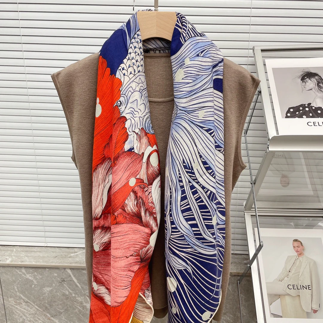 Большой двусторонний шарф Hermes - 136 см - 30 - Шелк 70 - Шерсть - 9