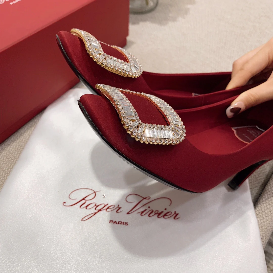 Туфли на банановом каблуке RV-7-5 см - Шелковая пряжка со стразами - Красные