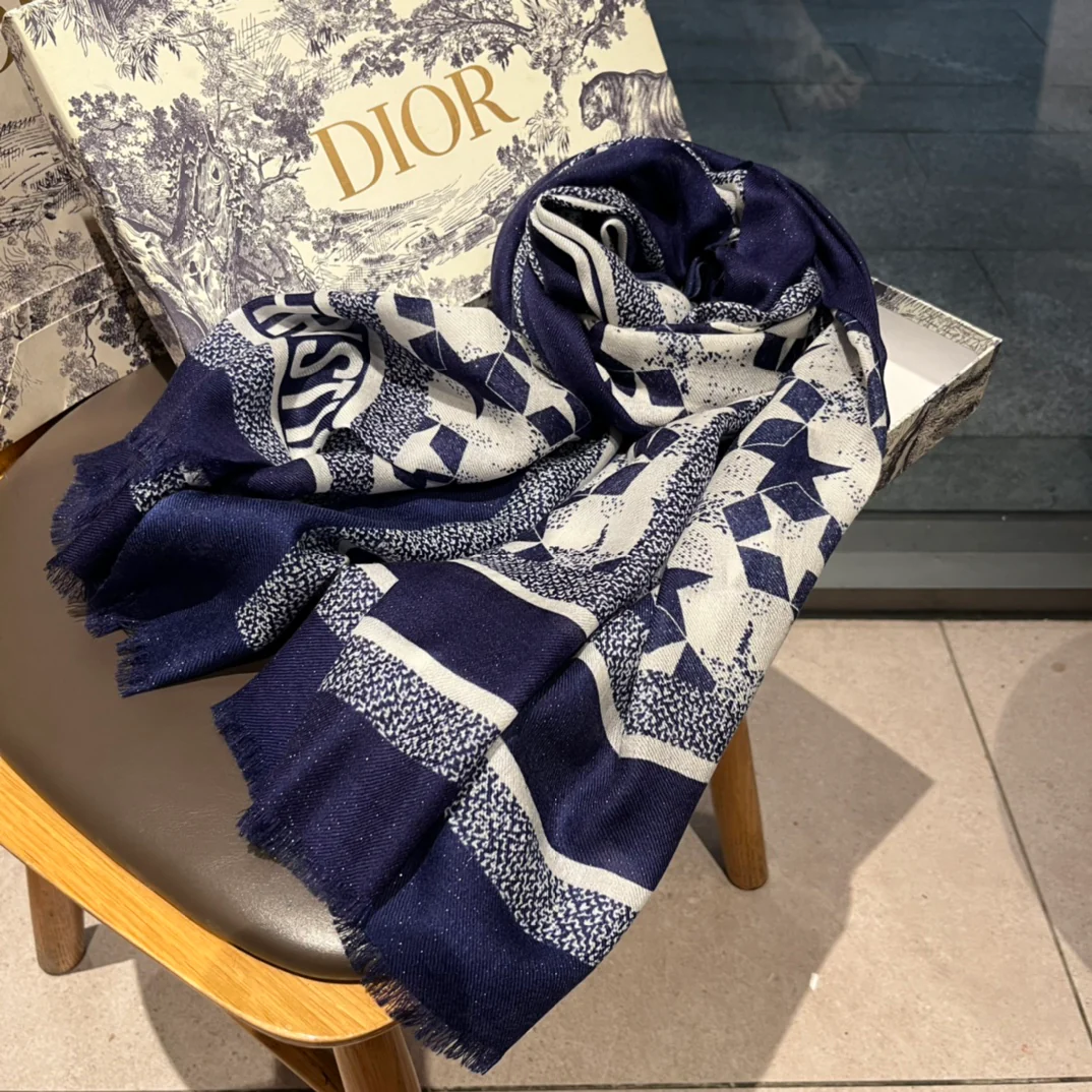 Шарф Dior Star Silver Thread - 110-200 см - 100 г - Высококачественный чистый кашемир - Синий