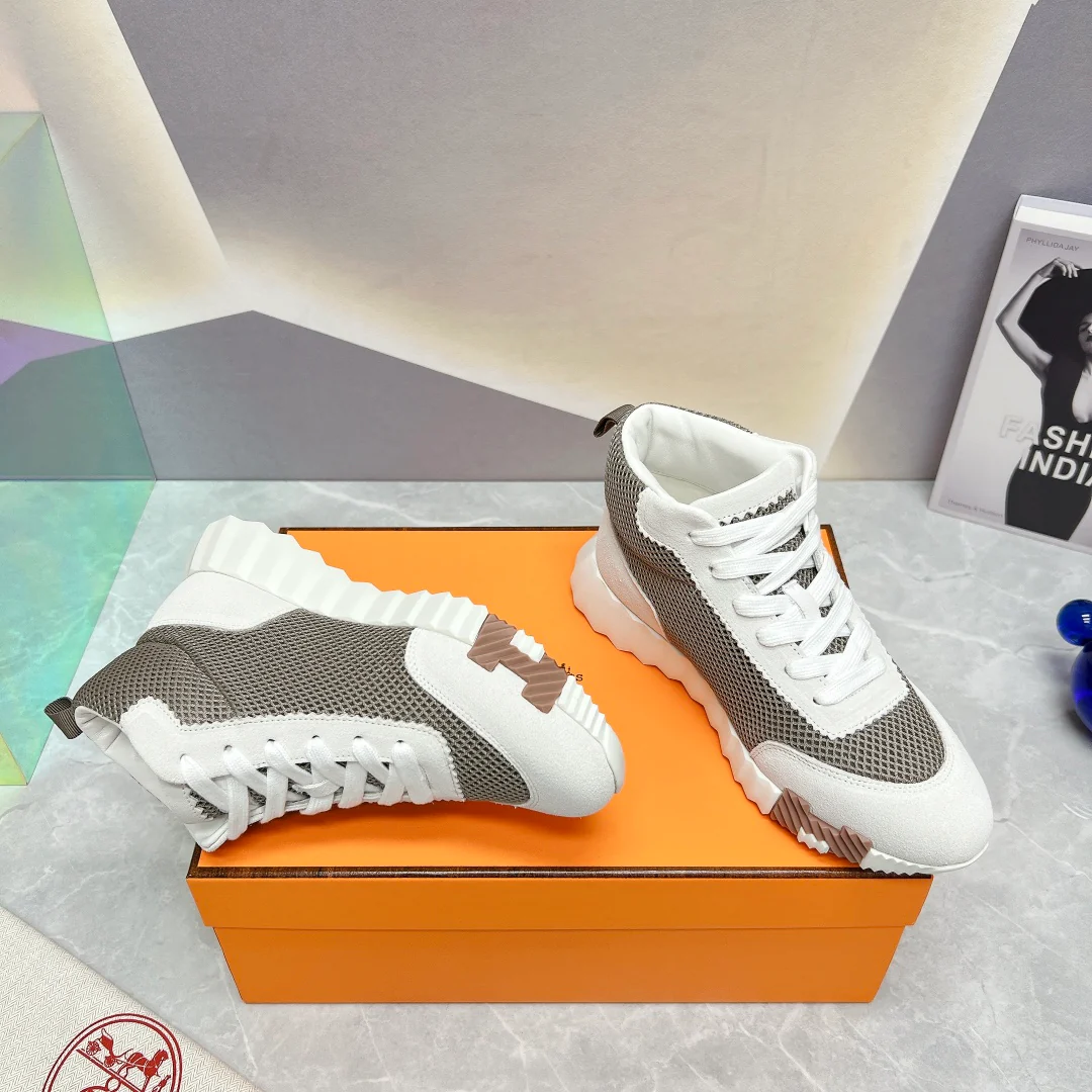 Новинка сезона весна/лето 2023 от Hermes - Дышащие сетчатые высокие повседневные кроссовки - Унисекс - Белый/Серый