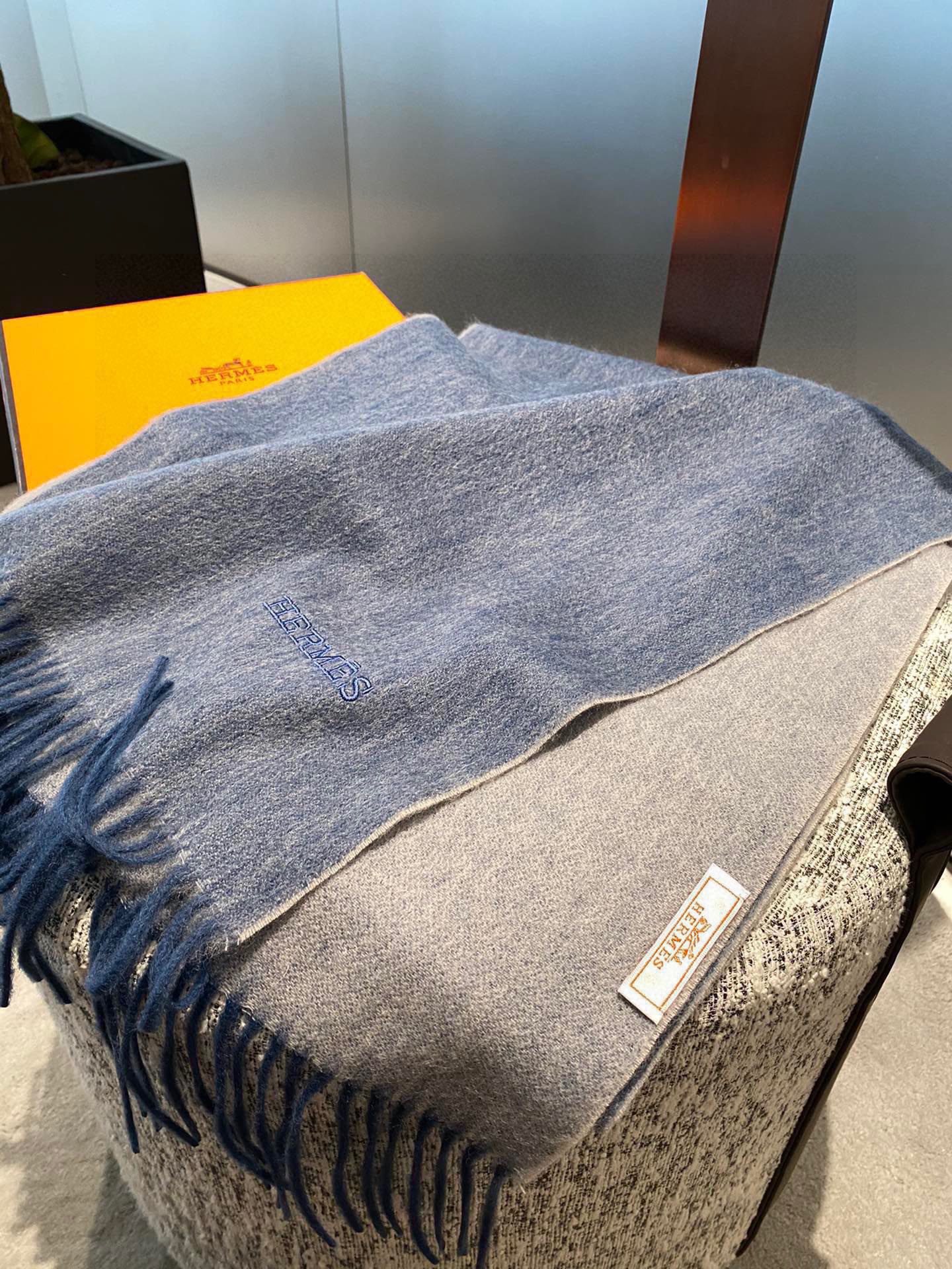 Двусторонняя кашемировая шаль/шарф Hermes - 210 см - синий