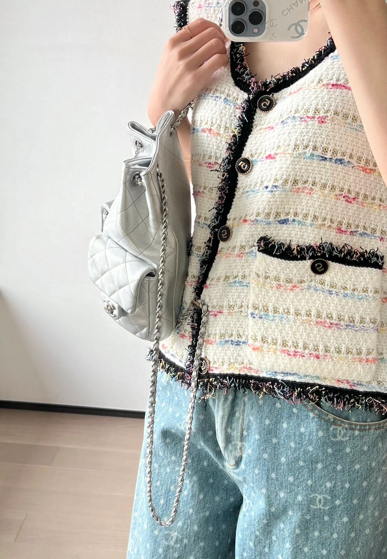 Рюкзак Chanel 25c на завязках - серебристый