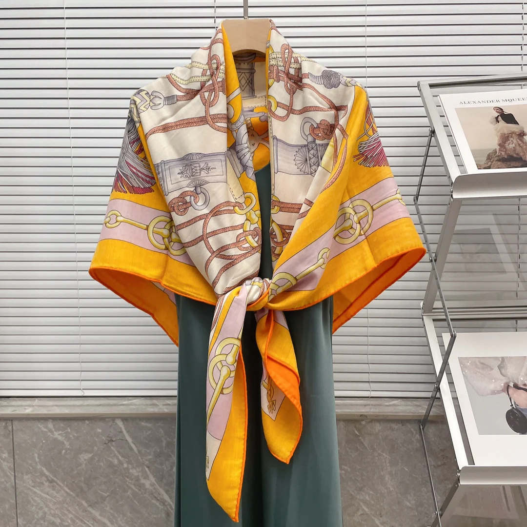 Большой двусторонний шарф Hermes - 136 см - 30 см - Шелк 70 - Шерсть