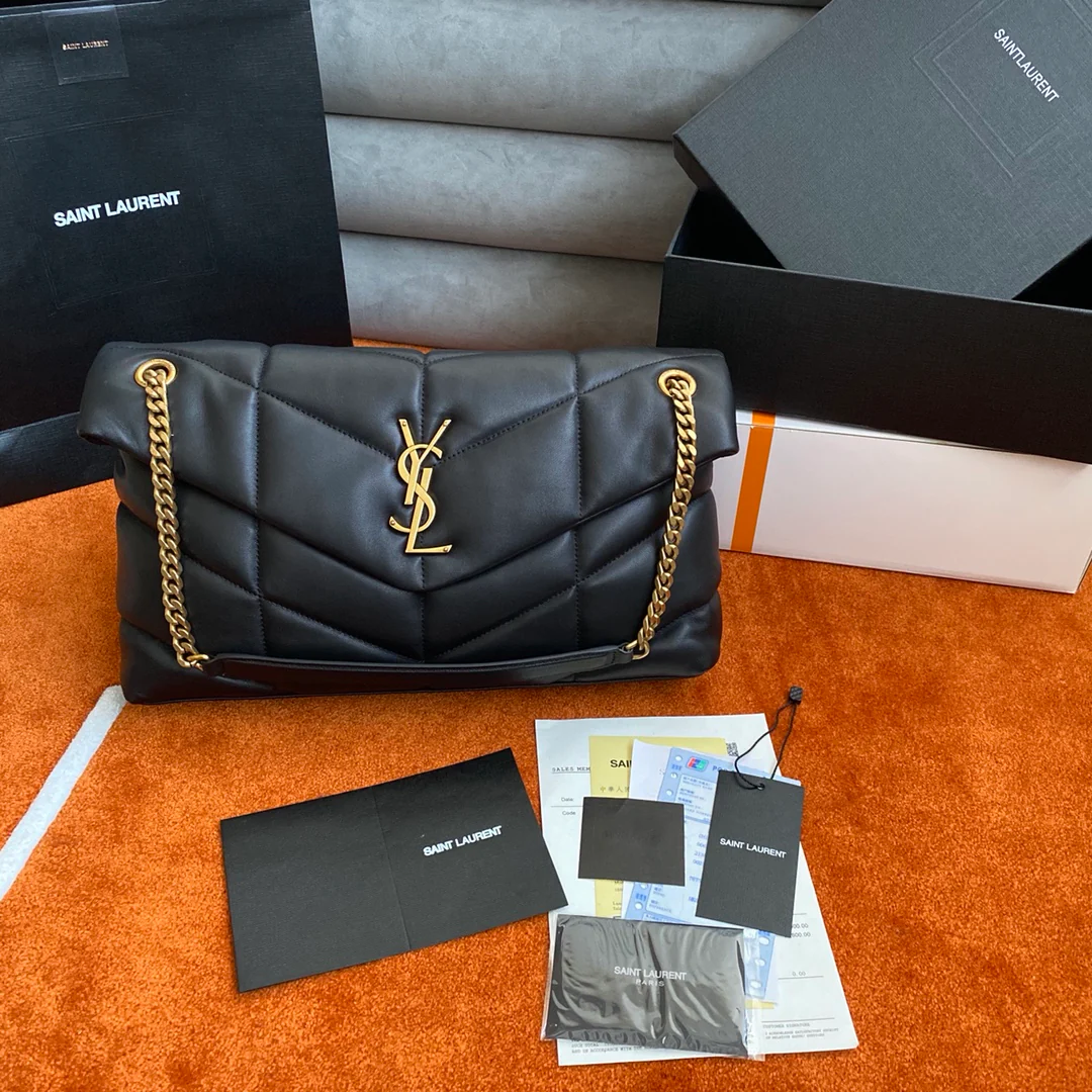 Сумка-пуховик YSL из овечьей кожи — черная с золотой фурнитурой — большой размер.