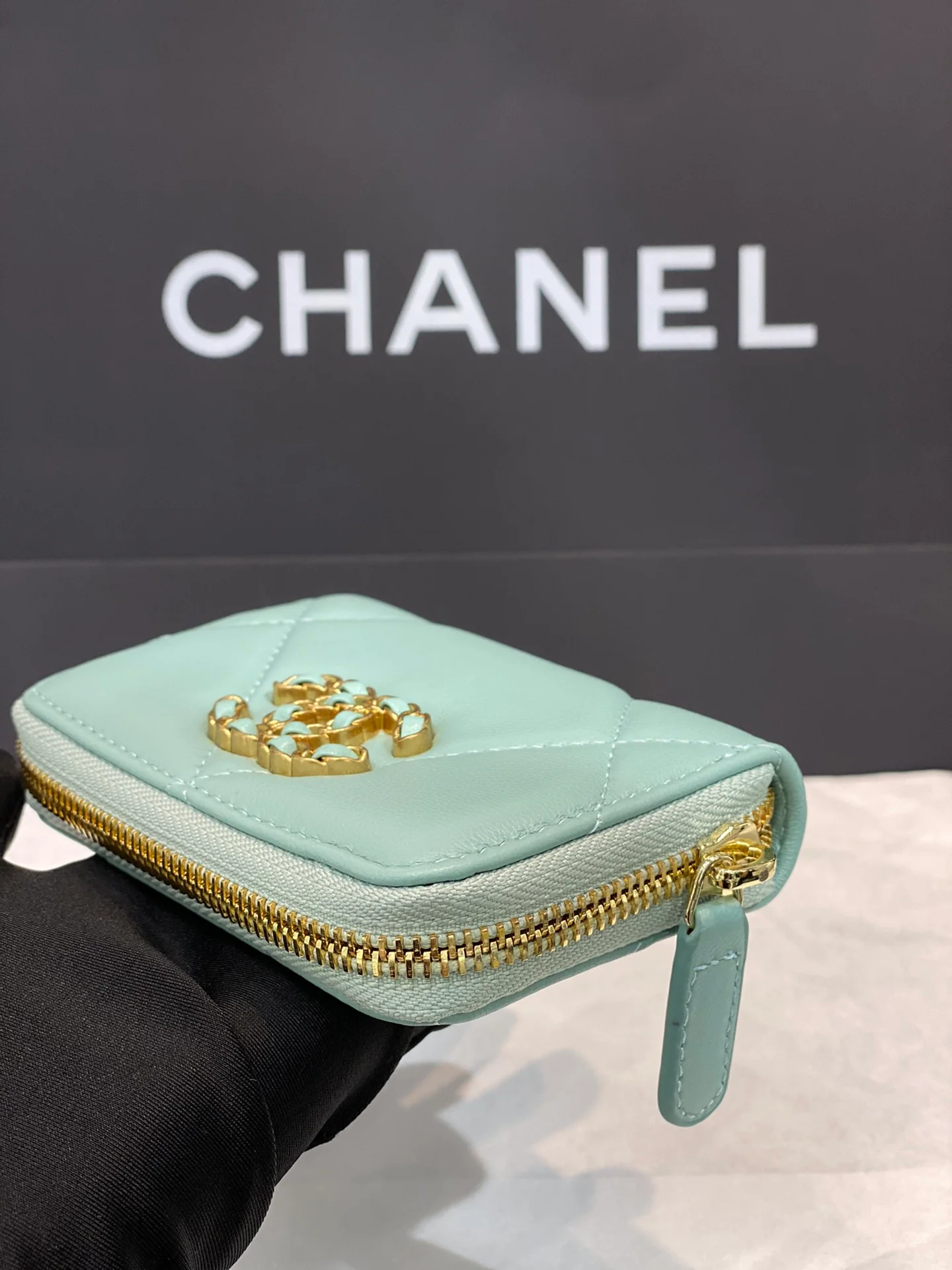 Chanel-19系列 大菱格拉链卡包 蓝色