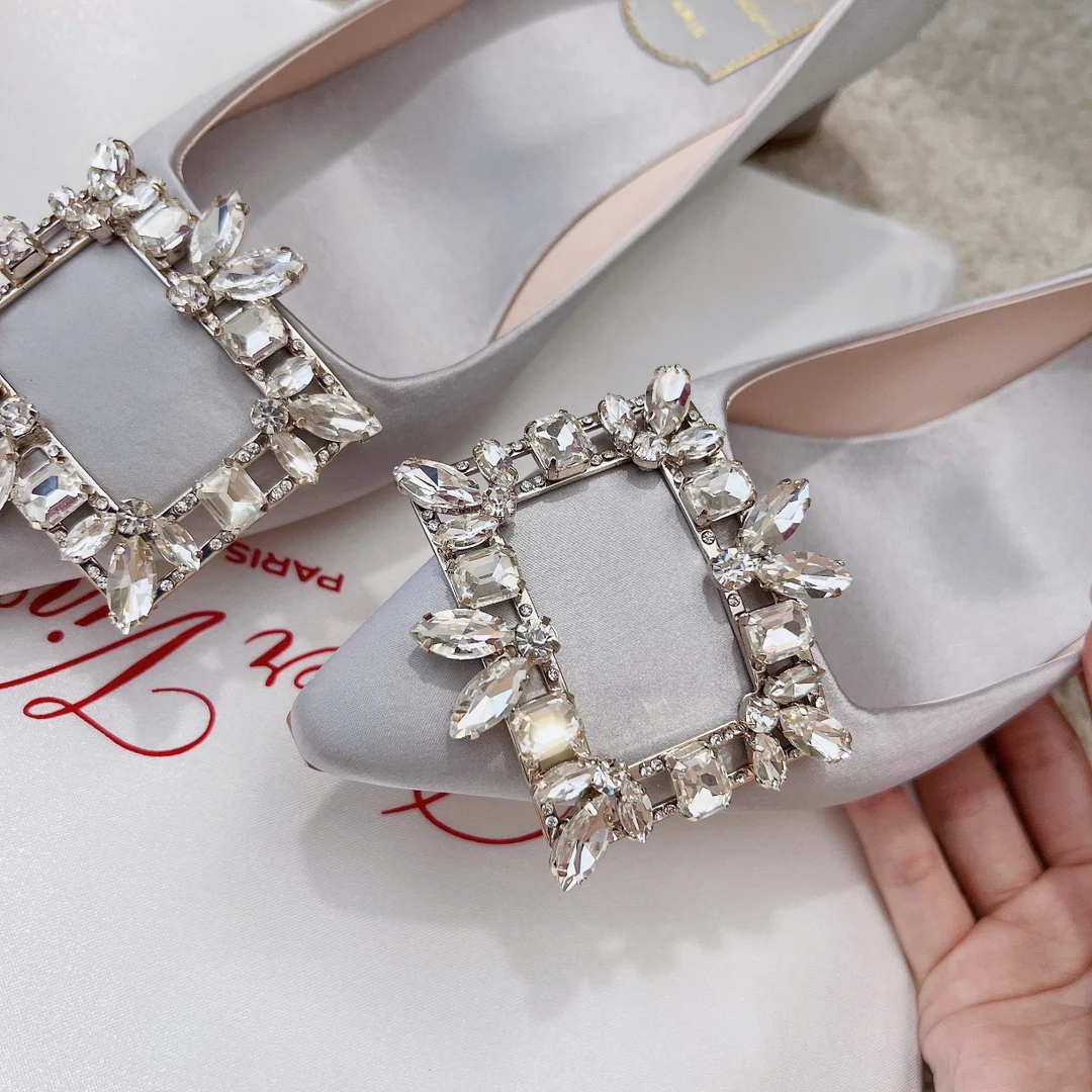 Туфли RV - Версальская пряжка с бриллиантами - низкий блочный каблук - серые