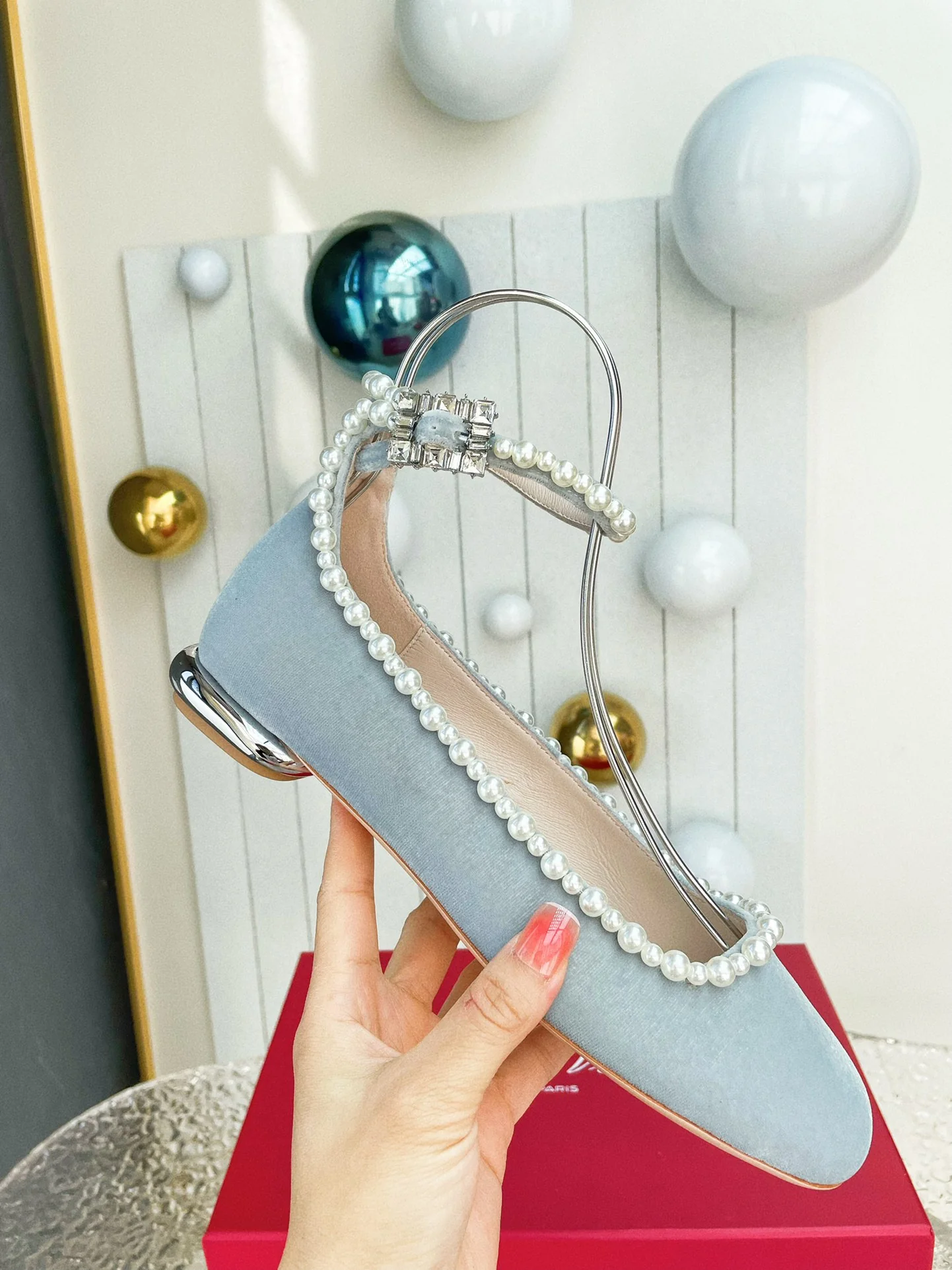 Туфли RV - балетки с жемчужной отделкой, 2024 год - синие