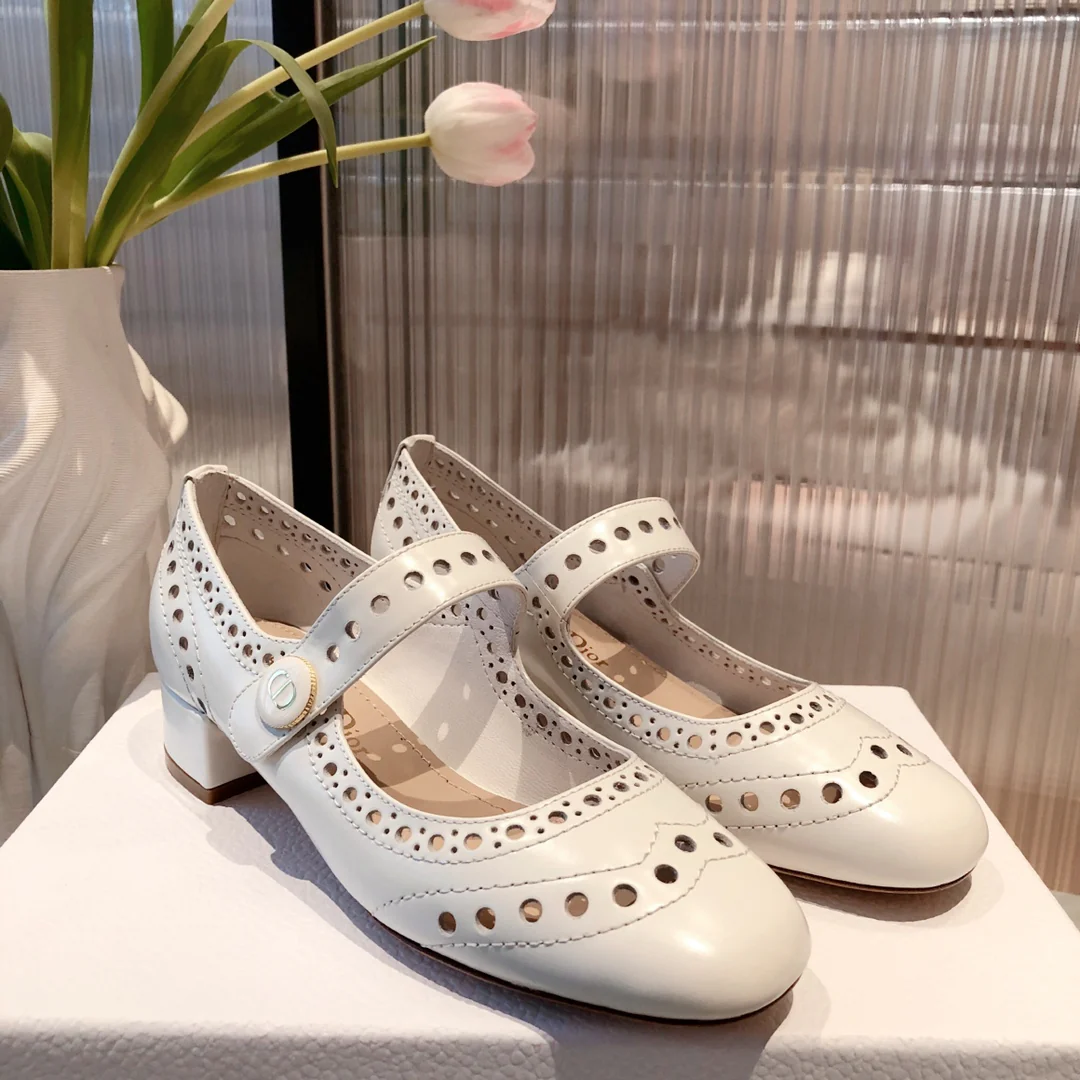 Dior - Ретро - Круглый носок - Ажурный - Низкий каблук - Белый