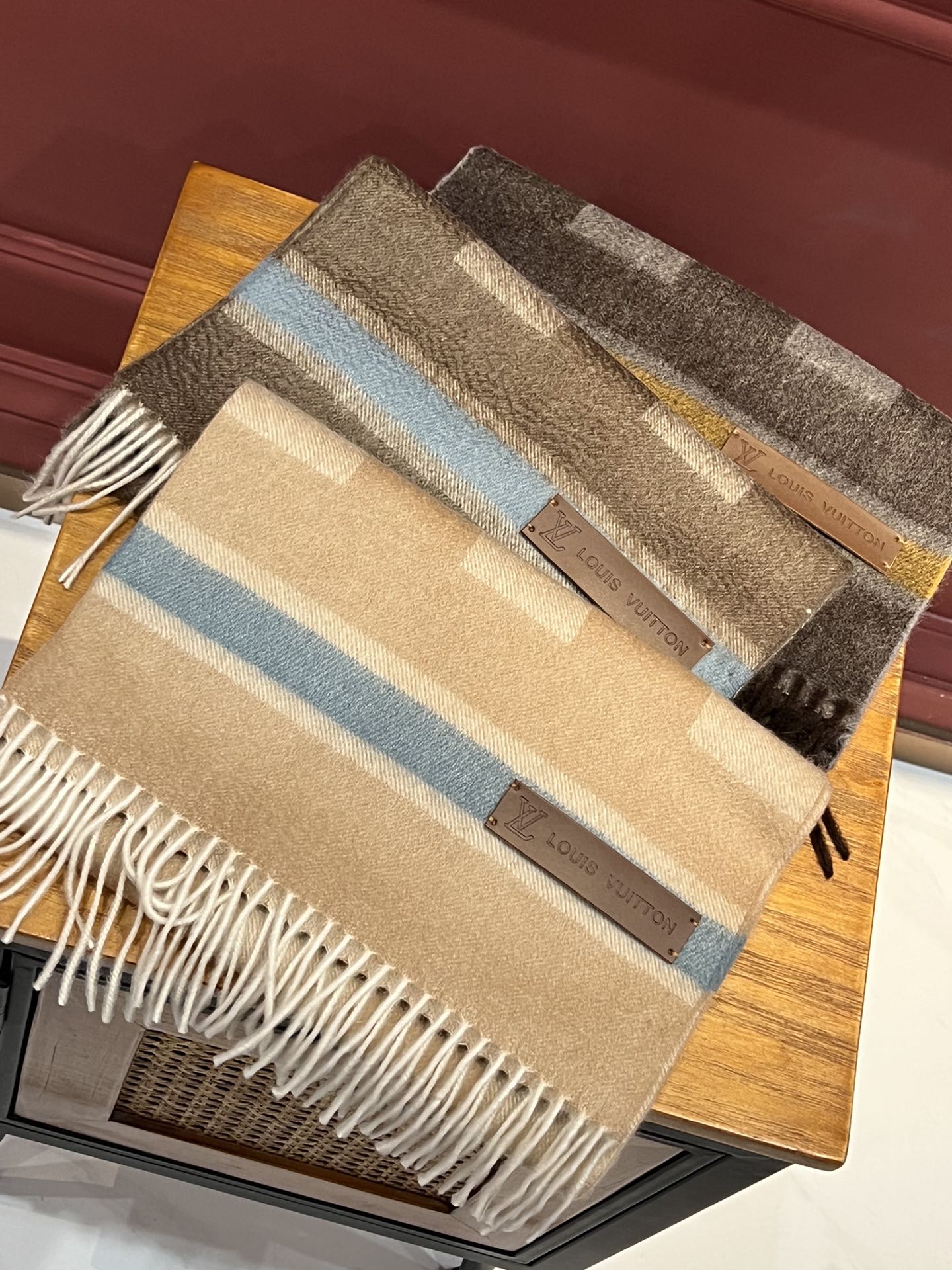 Двусторонний шарф LV Damier - 30 см (190 см) - с кисточками - 100% кашемир - коричневый