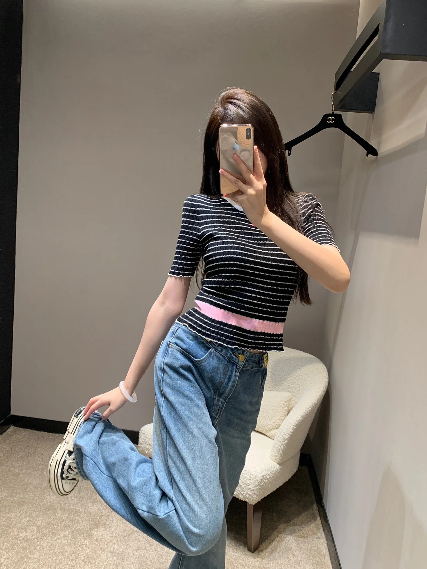 Chanel 2403 - Трикотажный топ с короткими рукавами в полоску 