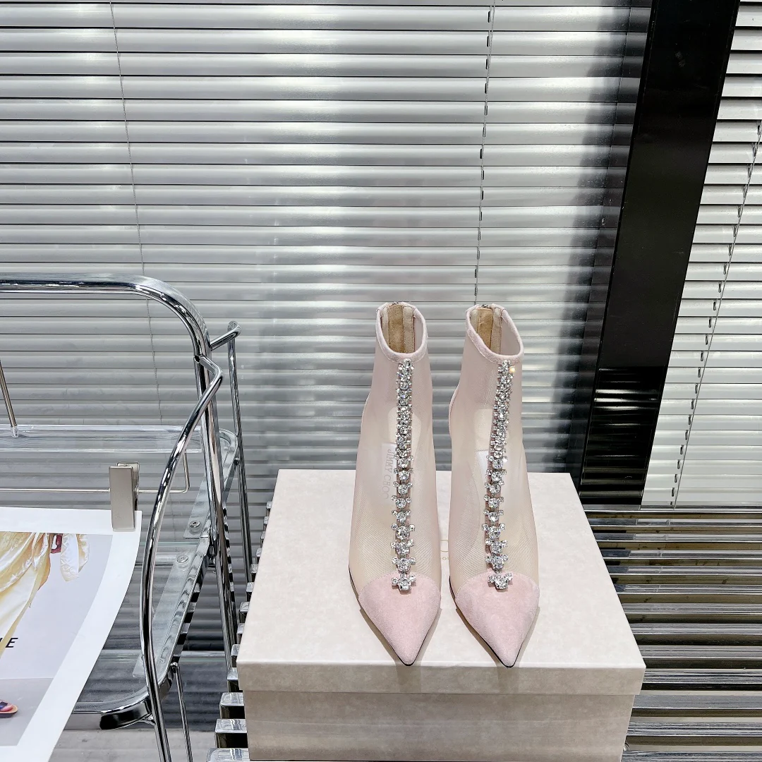 Jimmy - Новинка весны/лета 2023 - Ботильоны на шпильке из сетчатой ??ткани - Розовые со стразами