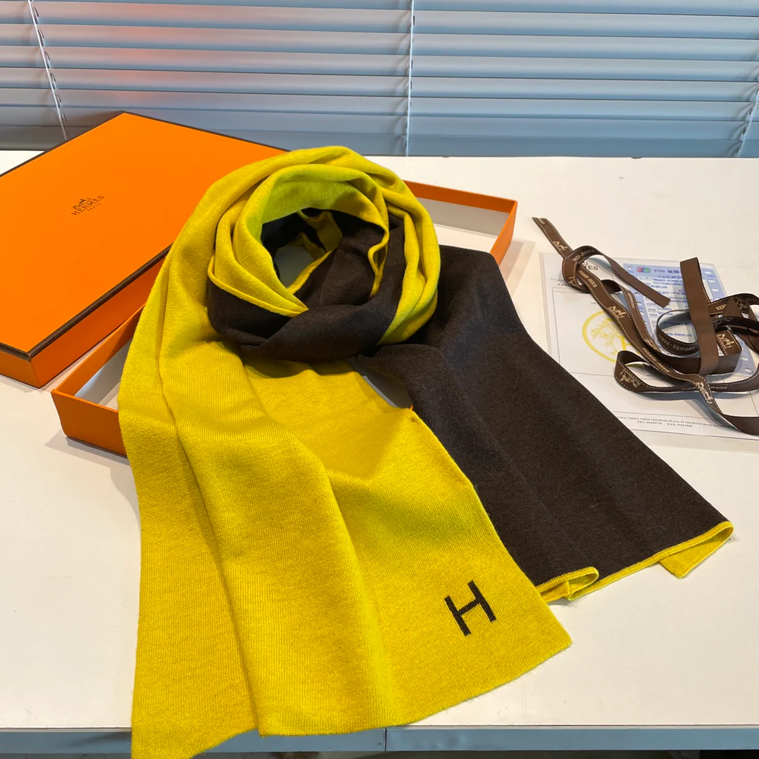 Вязаный кашемировый двусторонний шарф Hermes - 32 см - 180 см - желто-коричневый