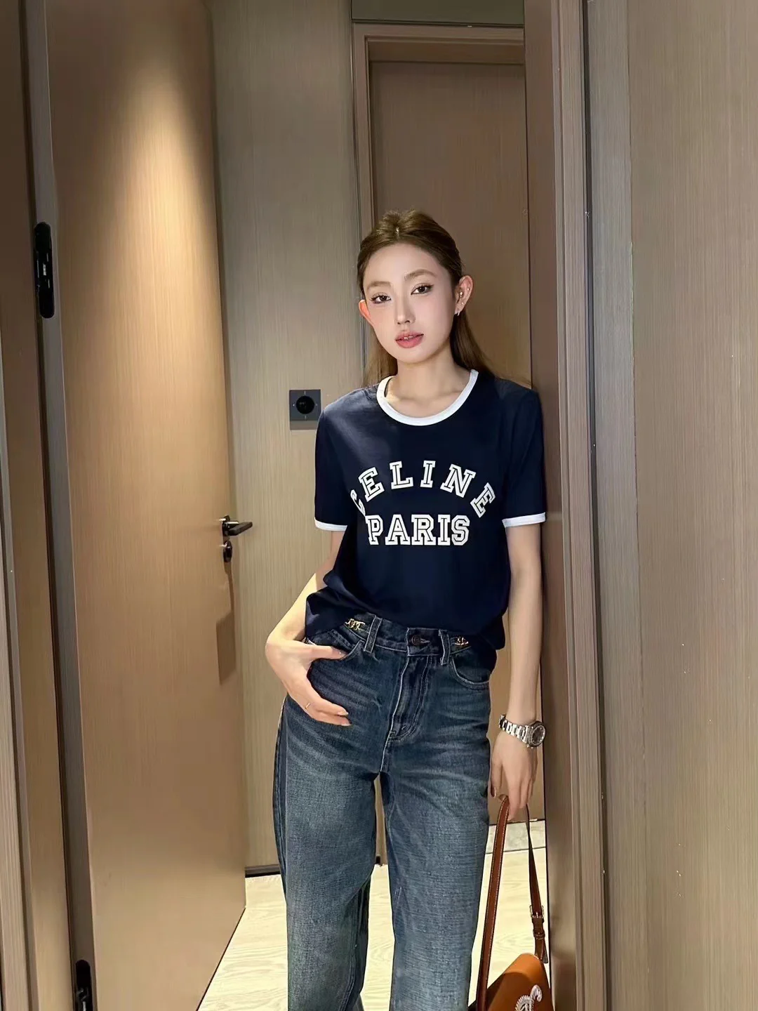 Футболка с коротким рукавом из хлопка с бархатным покрытием Celine-2404 - синяя