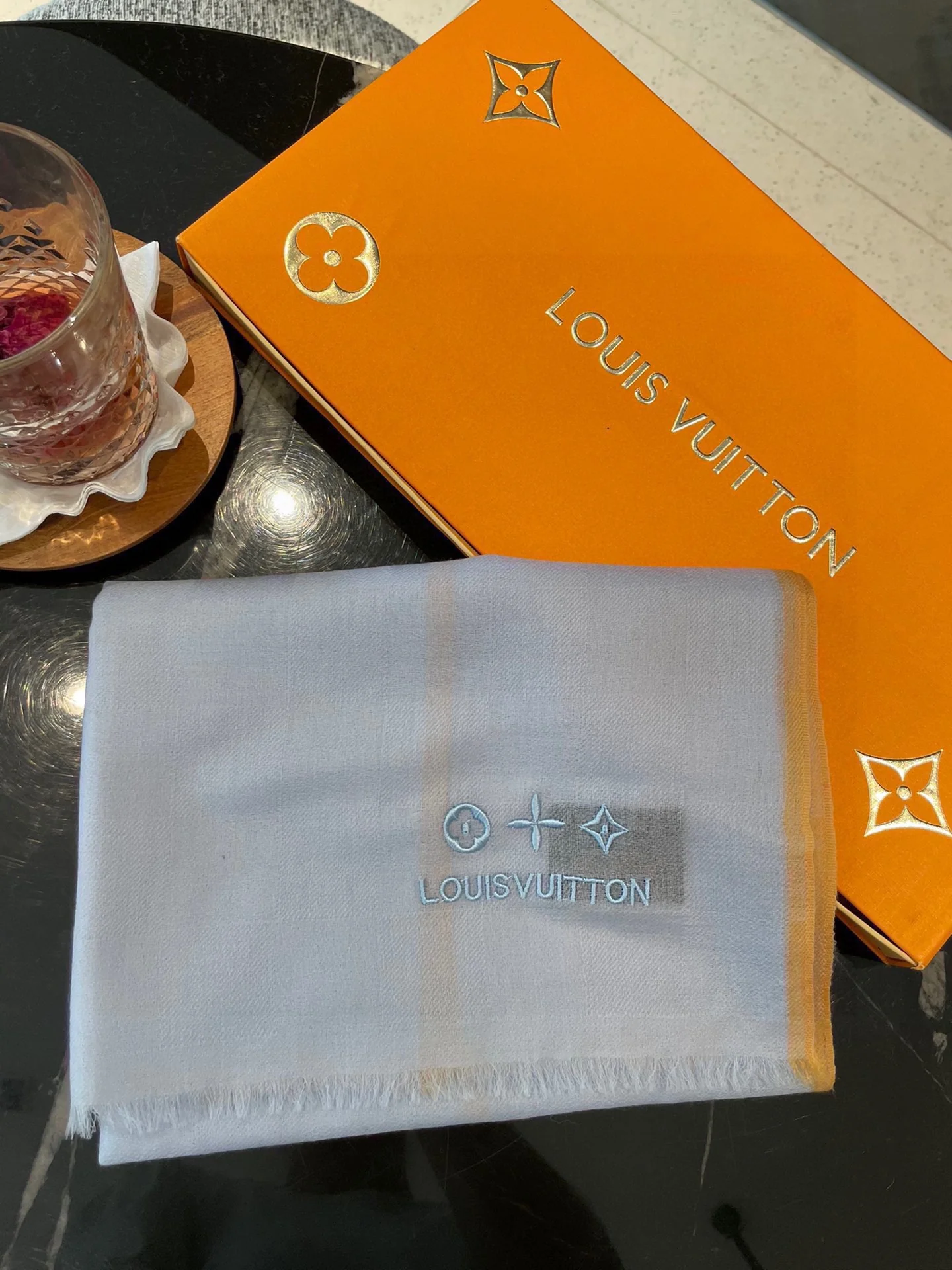 Классический клетчатый кашемировый шарф LV - 105-180 см - светло-голубой