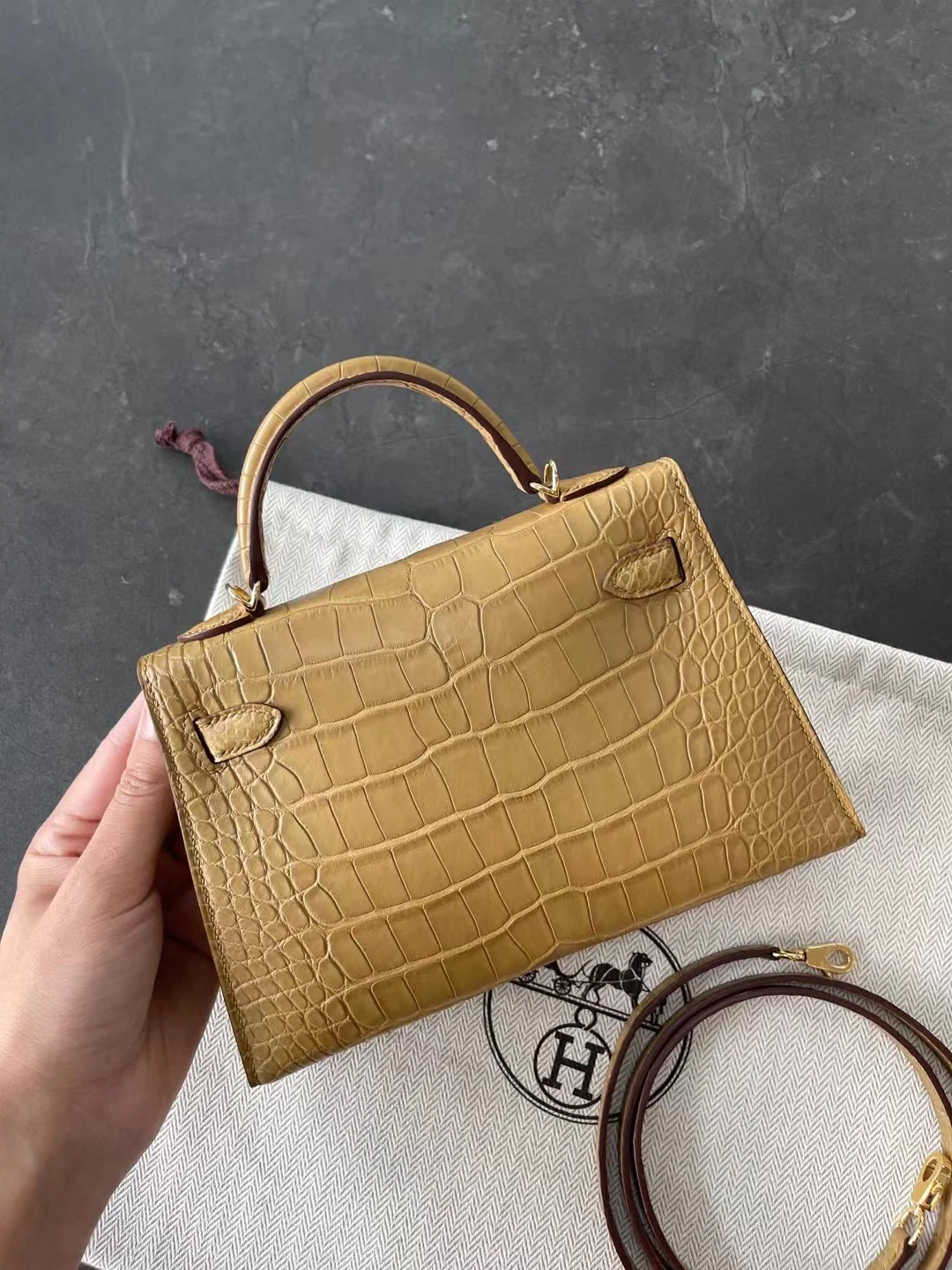 Сумка Hermes Kelly Mini 2-го поколения - матовая кожа аллигатора - крафт-бумага земляных тонов 2h - золотая пряжка