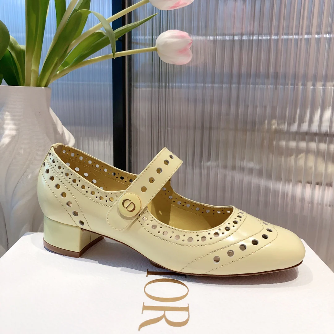 Dior - Ретро - Круглый носок - Ажурный низкий каблук - Светло-желтый