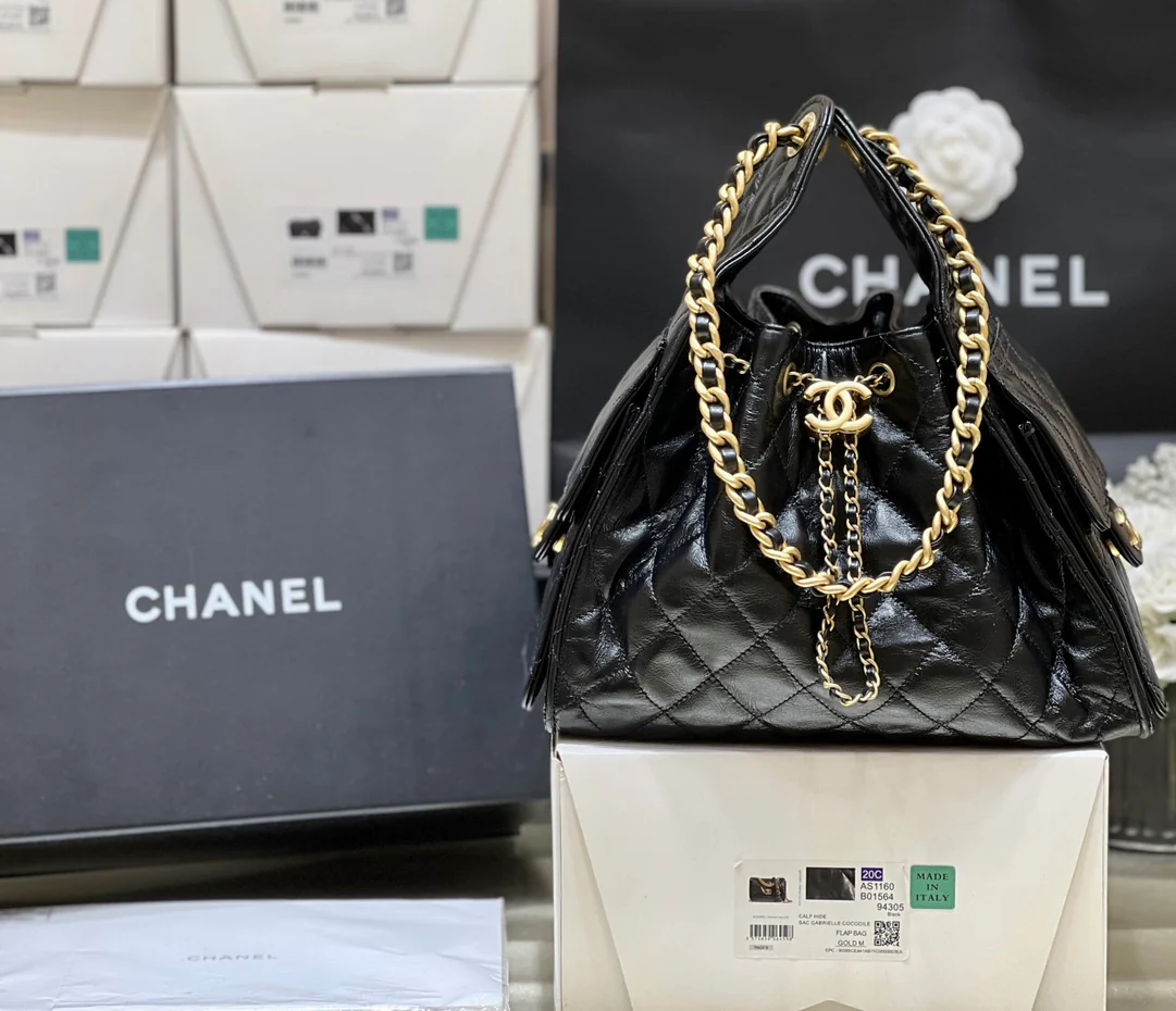 Сумка-ведро Chanel 25c 25bag из телячьей кожи с завязками, маленькая – черно-золотая