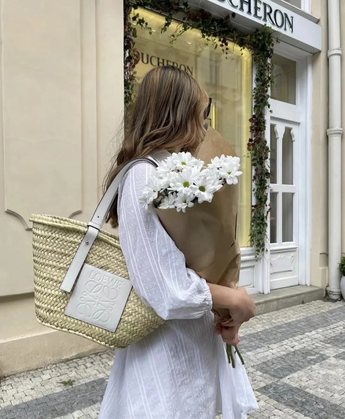 Соломенная сумка Loewe - 40 см - Большая - Кремово-белая