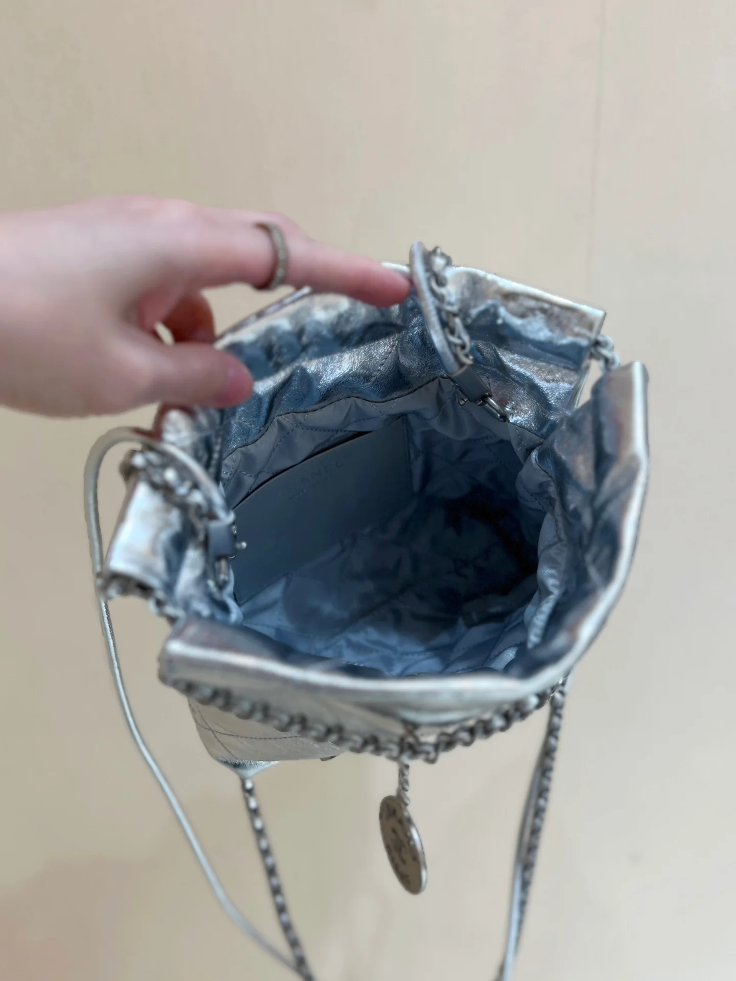Chanel 25c 22bag mini metallic leather silver
