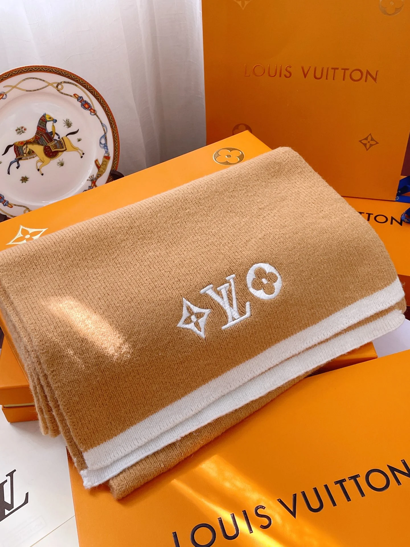 LV - Кашемировый вязаный шарф премиум-класса - 35 см - 200 см - Абрикосовый