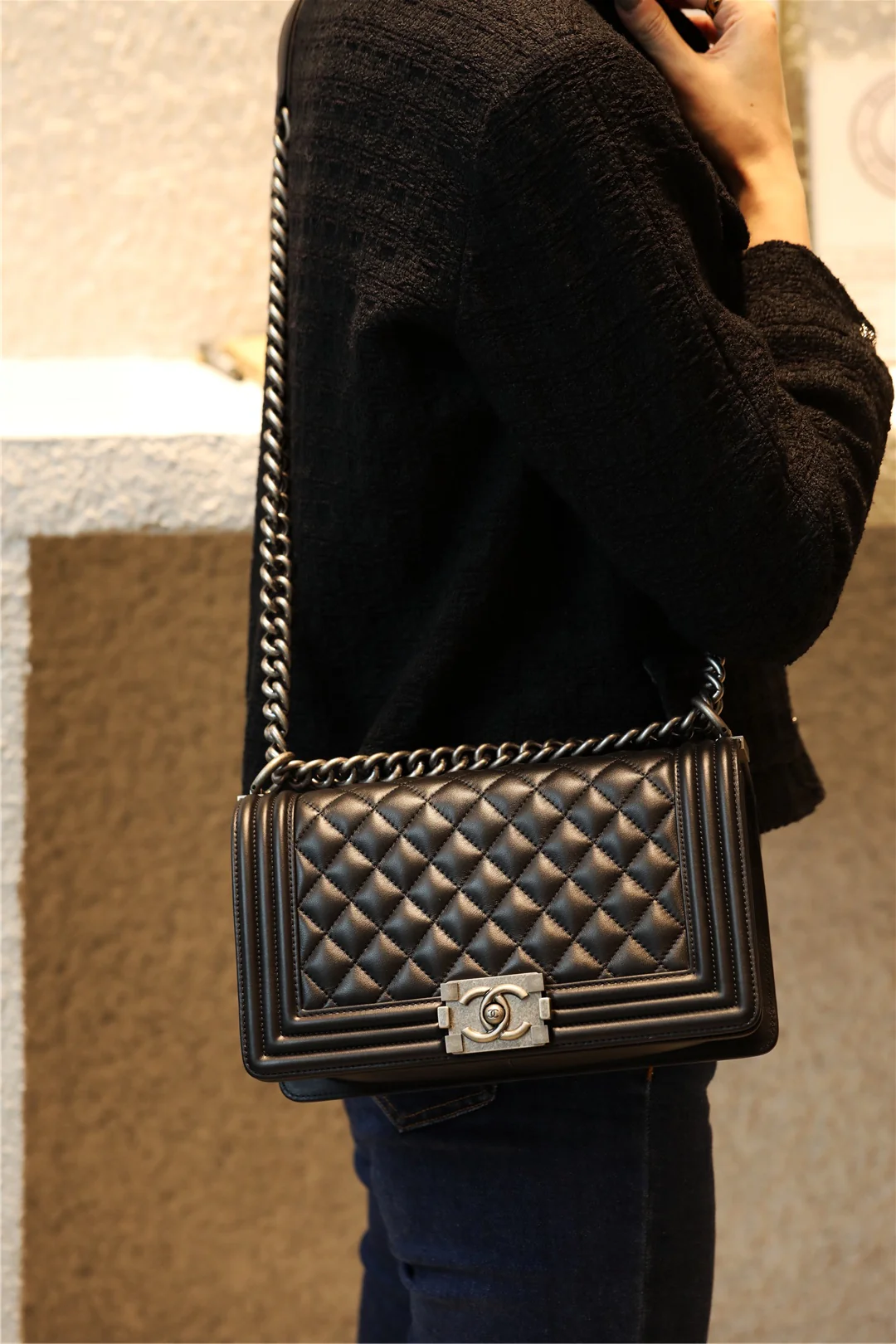 Chanel Le Boy 25 - Черная телячья кожа - Винтажная серебряная пряжка