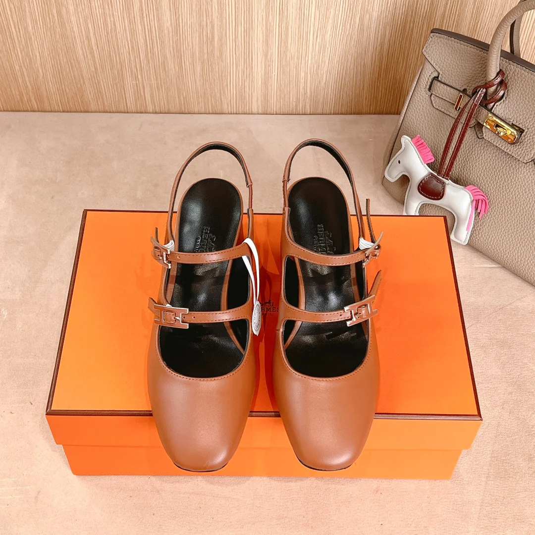 Балетные туфли на высоком каблуке Hermes 2024 - Кофейный цвет