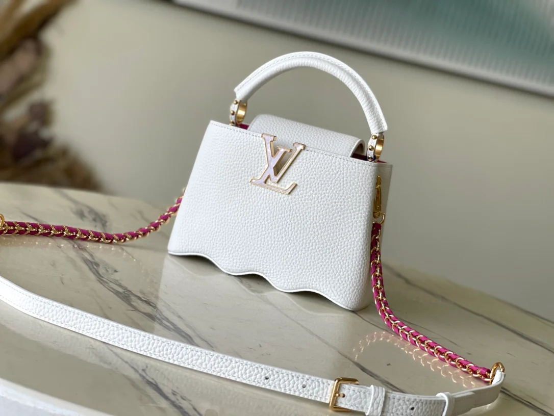 m22121-LV-Taurilon Leather-Capucines Handbag-White Wavy Bottom-Mini
