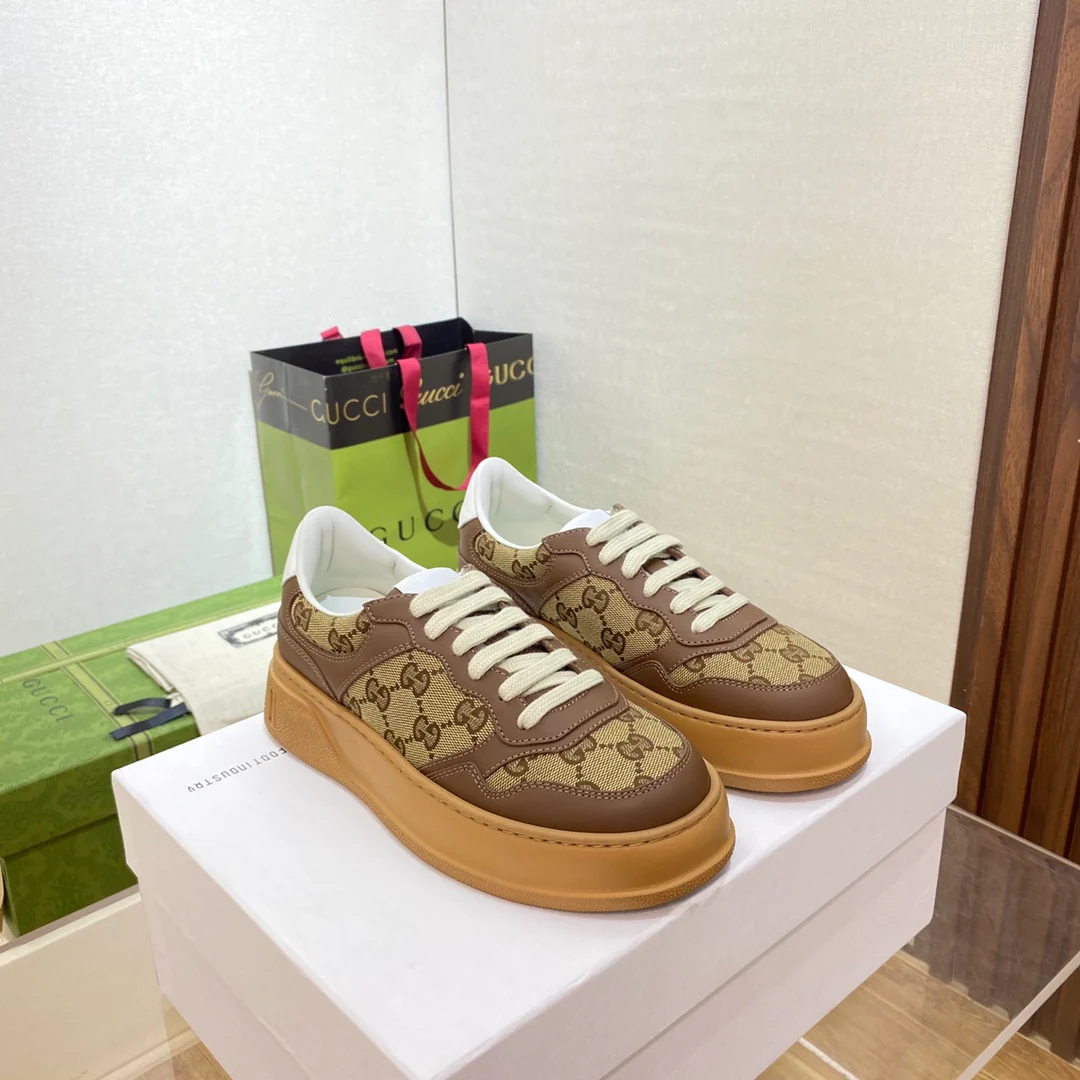 Белые кроссовки на платформе Gucci - унисекс - коричневые