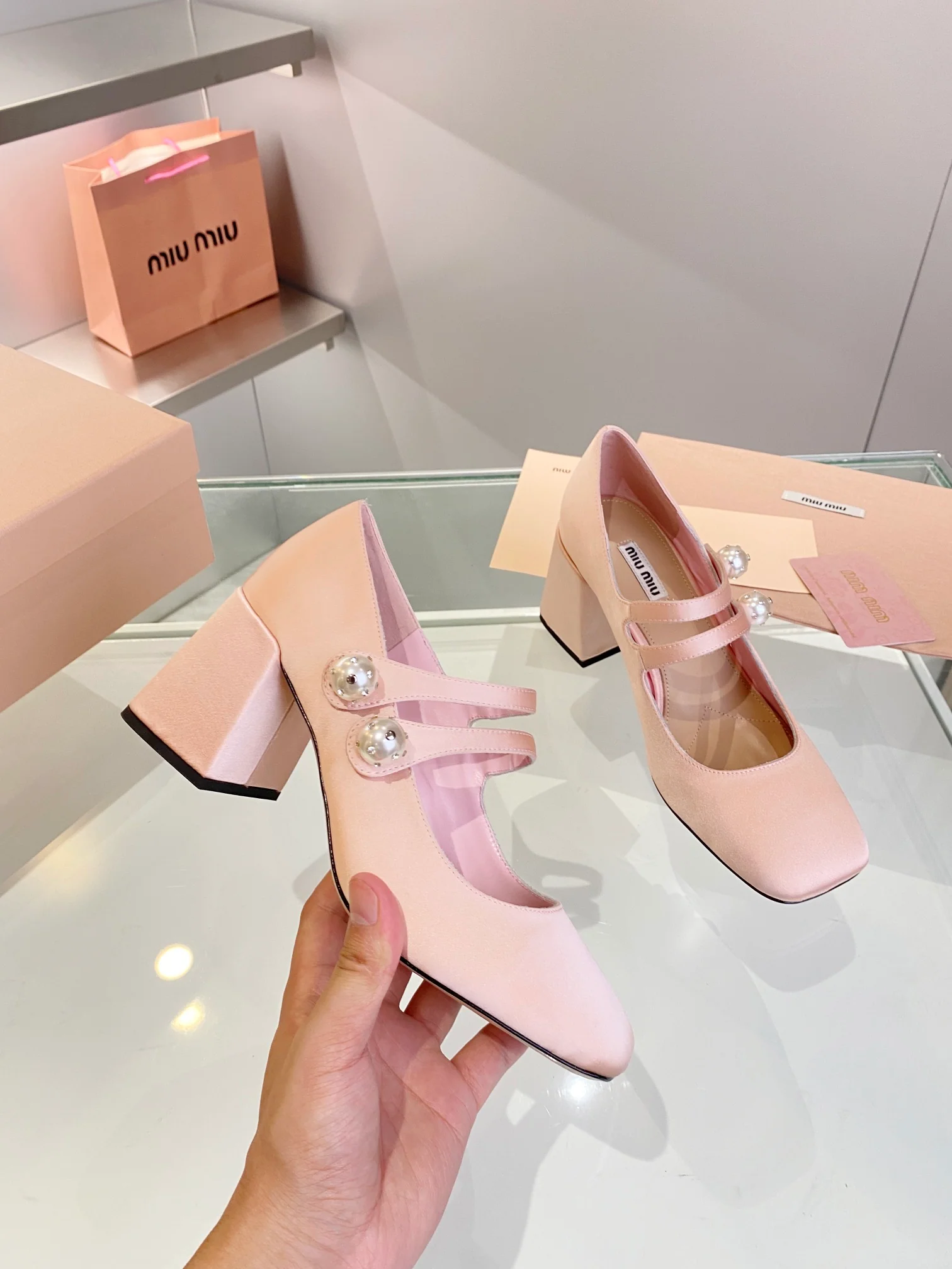 Новые поступления коллекции Miu Miu осень/зима 2023 - Балетки - Туфли на высоком каблуке - 7 см - Розовые