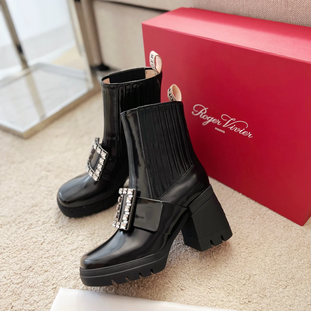 RV Shoes - 22ss - Ботинки до середины икры на массивном каблуке, украшенные стразами - Стиль Оуян Наны