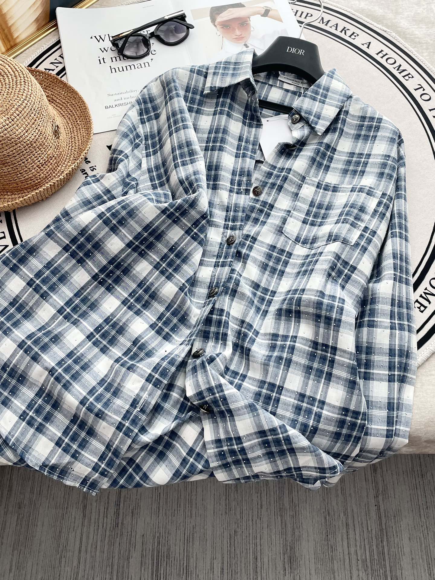 Miu Miu - 2404 - Классическая клетчатая рубашка, украшенная стразами - Синяя