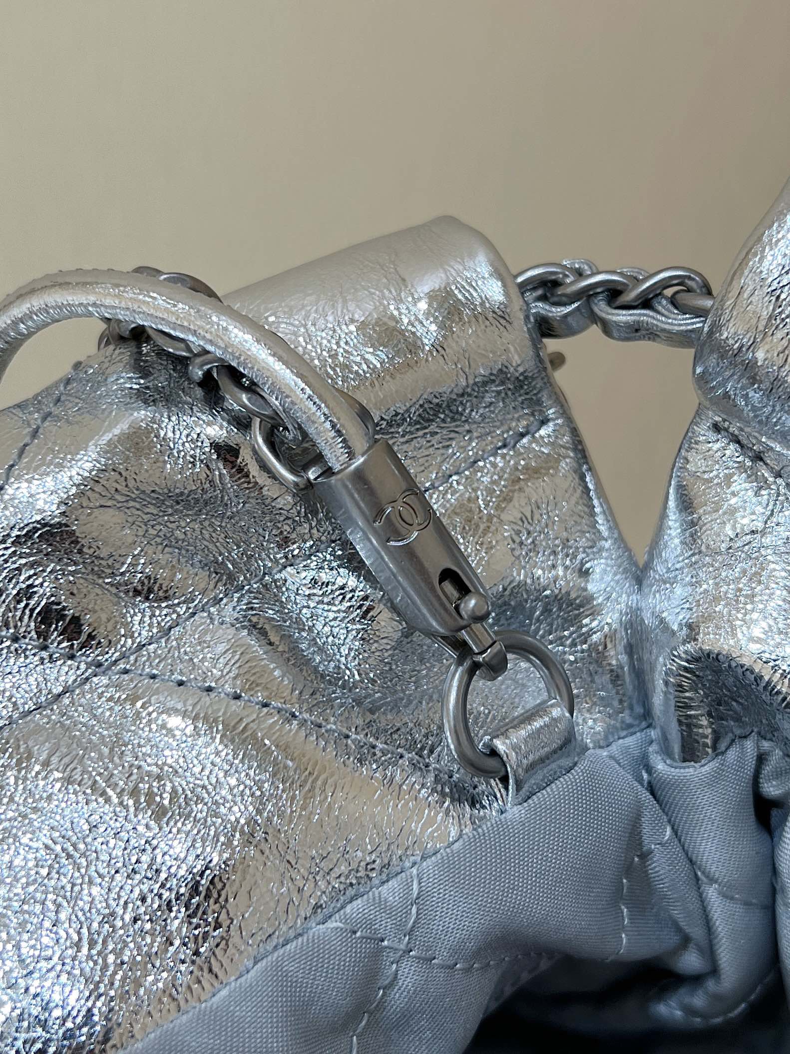 Chanel 25c 22bag mini metallic leather silver
